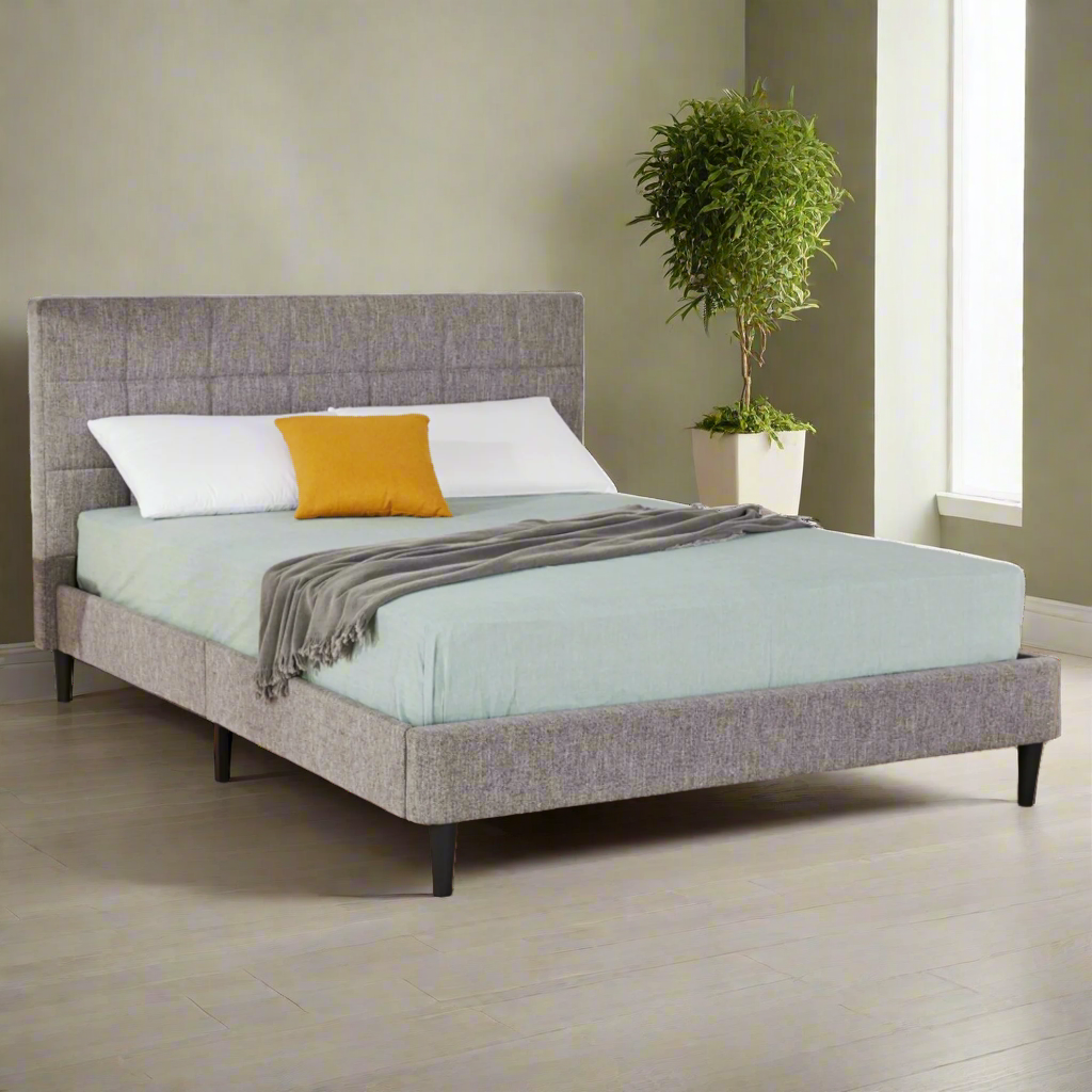 MONACO queen bed, gray headboard, light aqua cover, white & mustard pillows, black legs