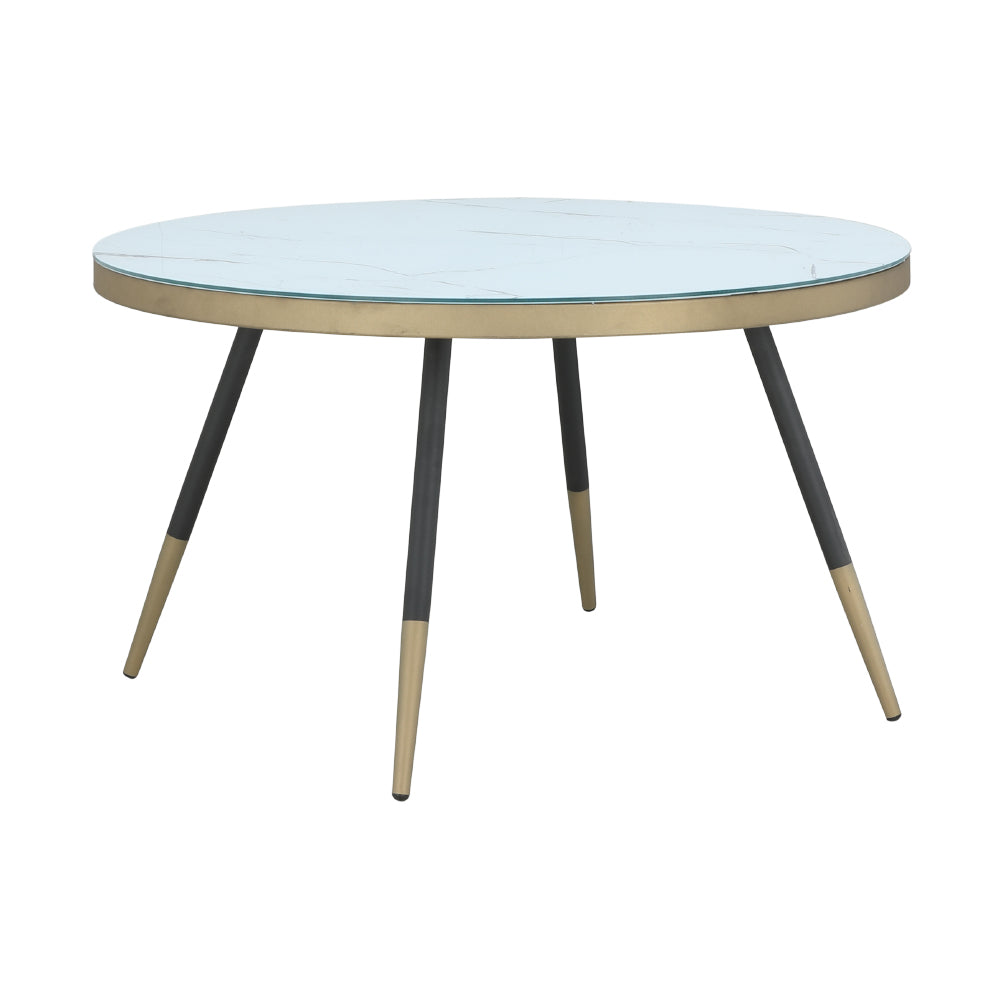 Round center table with light blue marble-look top and two-tone black and tan legs