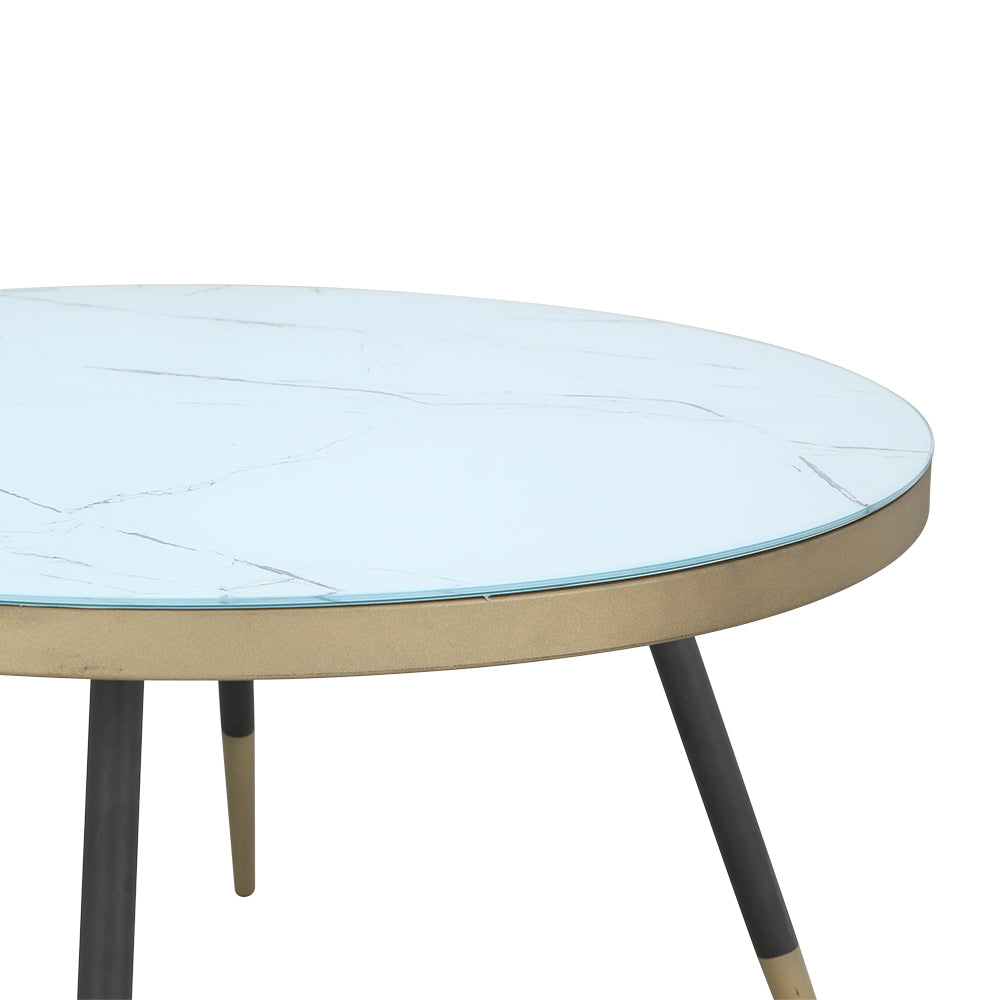 Round tabletop with light blue marble-look surface and tan edge; black legs