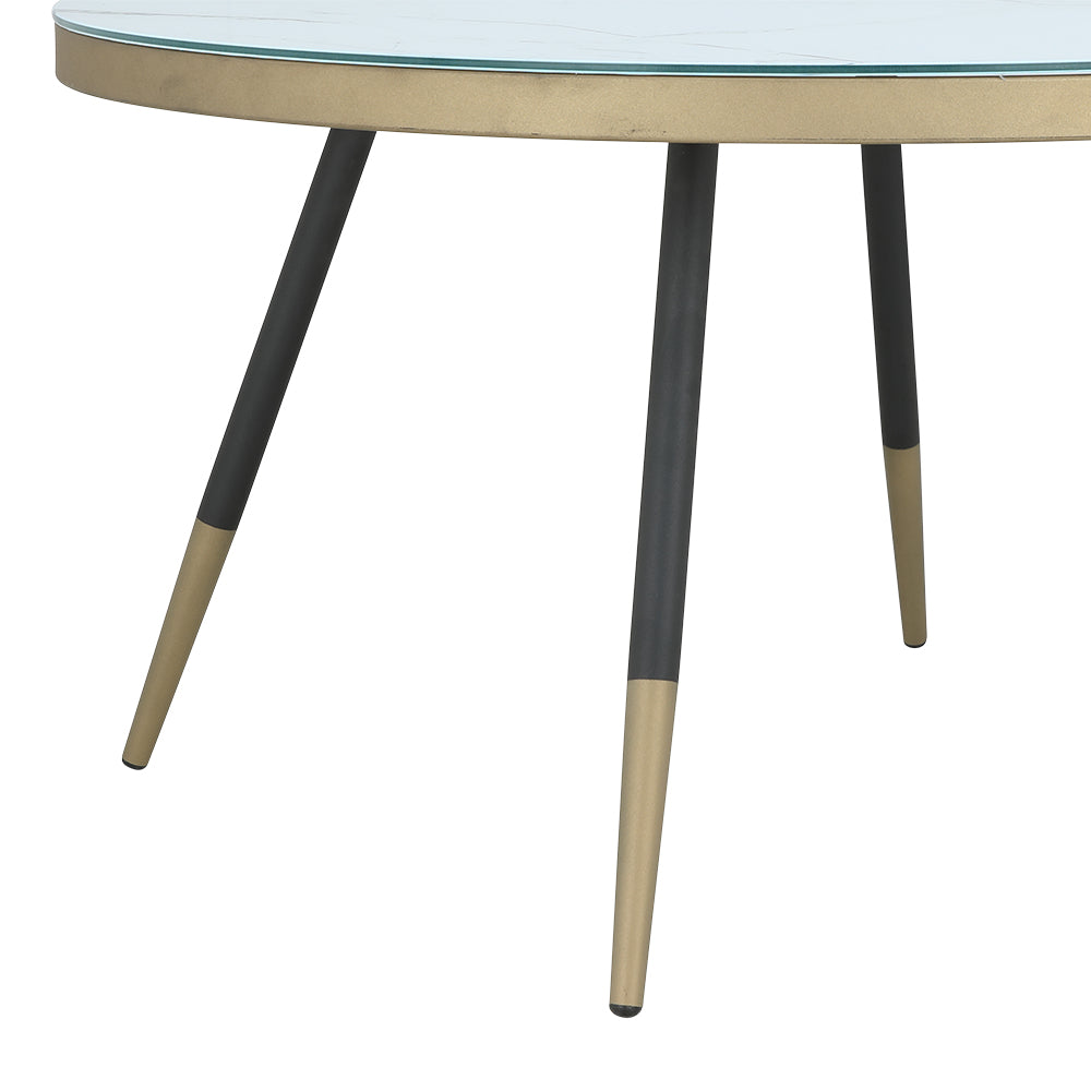 Round center table with light blue top and two-tone black legs with tan outer sides