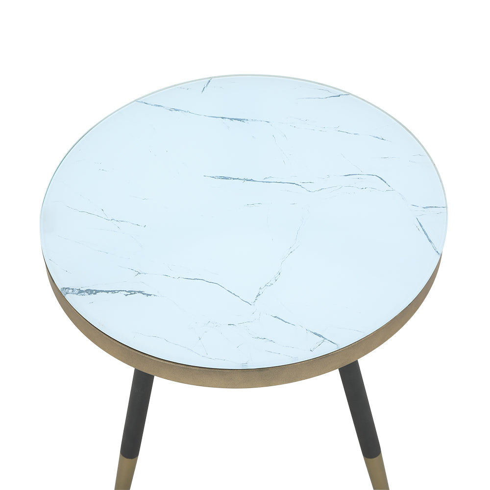 Olive side table round light-blue marble-style tabletop with thin vein pattern