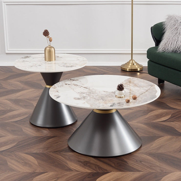 PANDORA center table with two round marble tops and dark conical bases