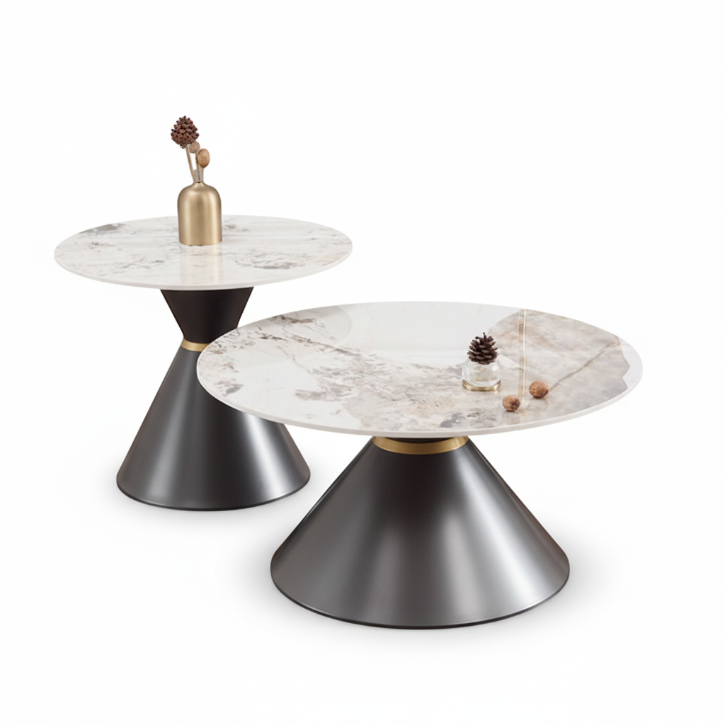 PANDORA center table, two-tier round marble surfaces with matte dark bases