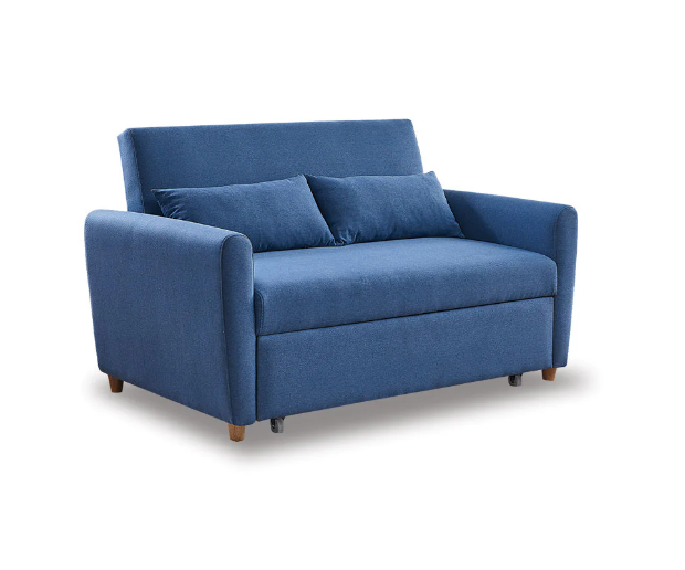 Blue fabric sofa bed with two back pillows and square seat cushion