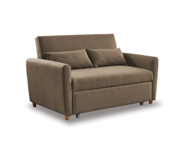 Brown fabric sofa bed with two throw pillows and rounded armrests
