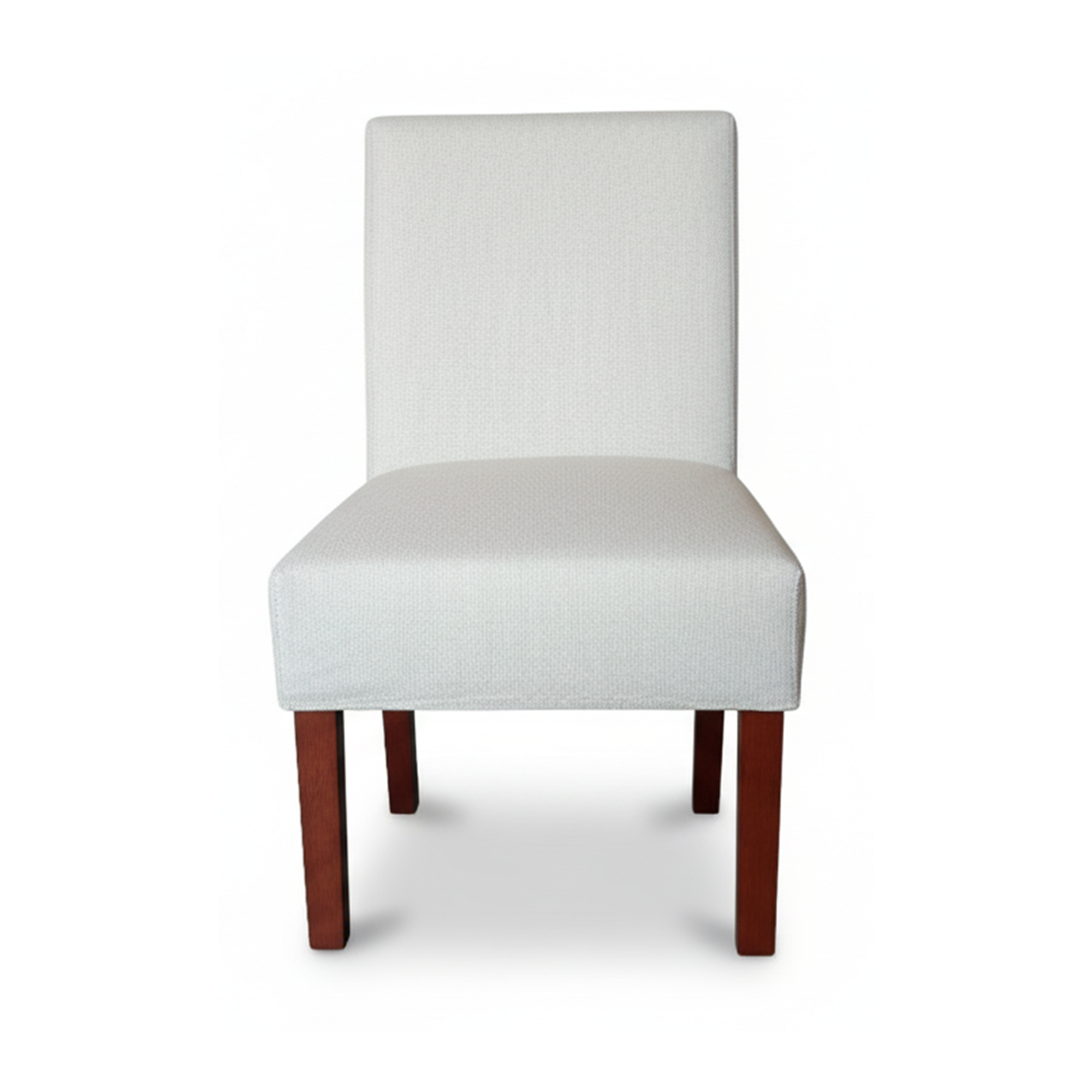 Beige accent chair with tall upholstered back, padded seat, and dark wood legs