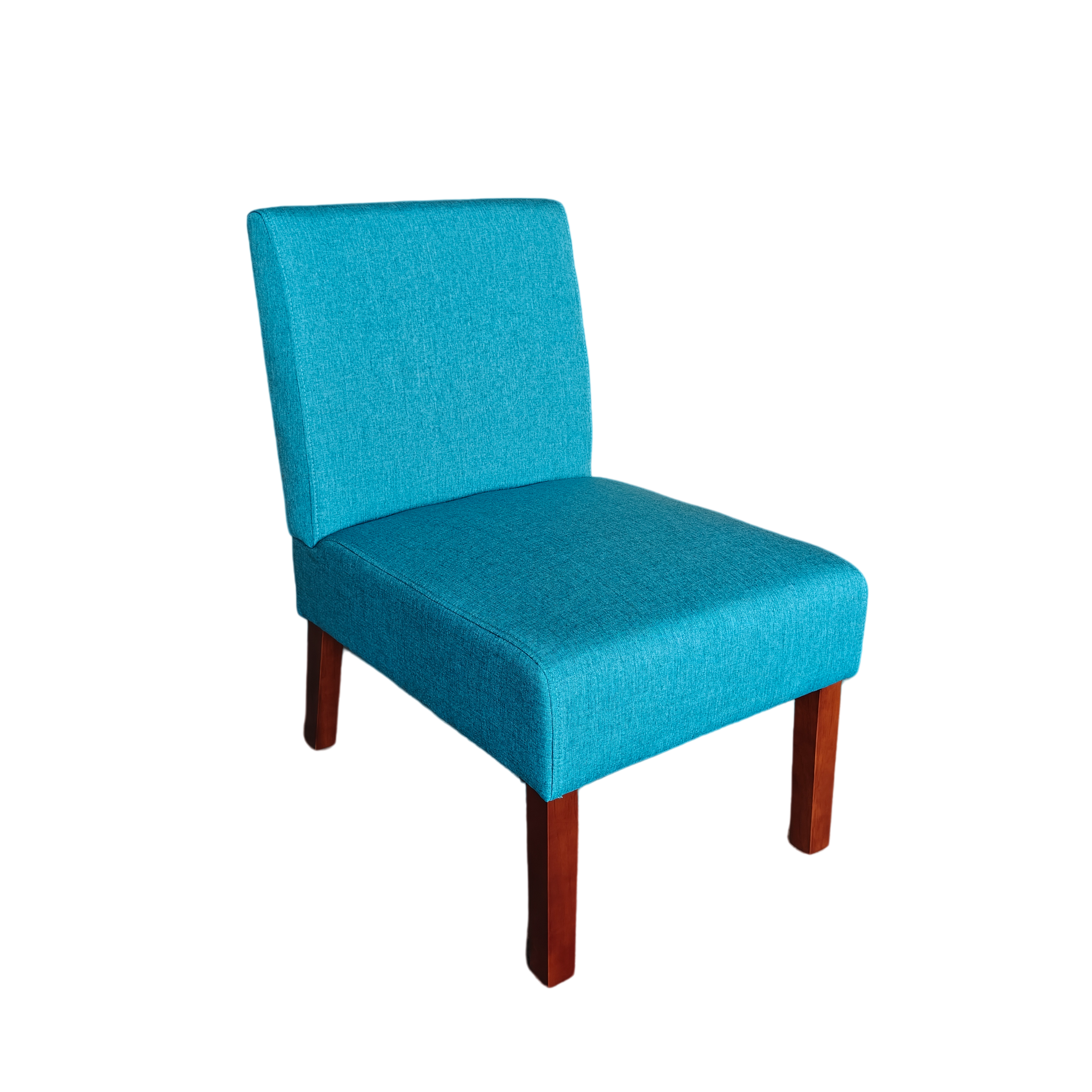 Aqua accent chair angled from the side, tall backrest, cushioned seat, dark wood legs