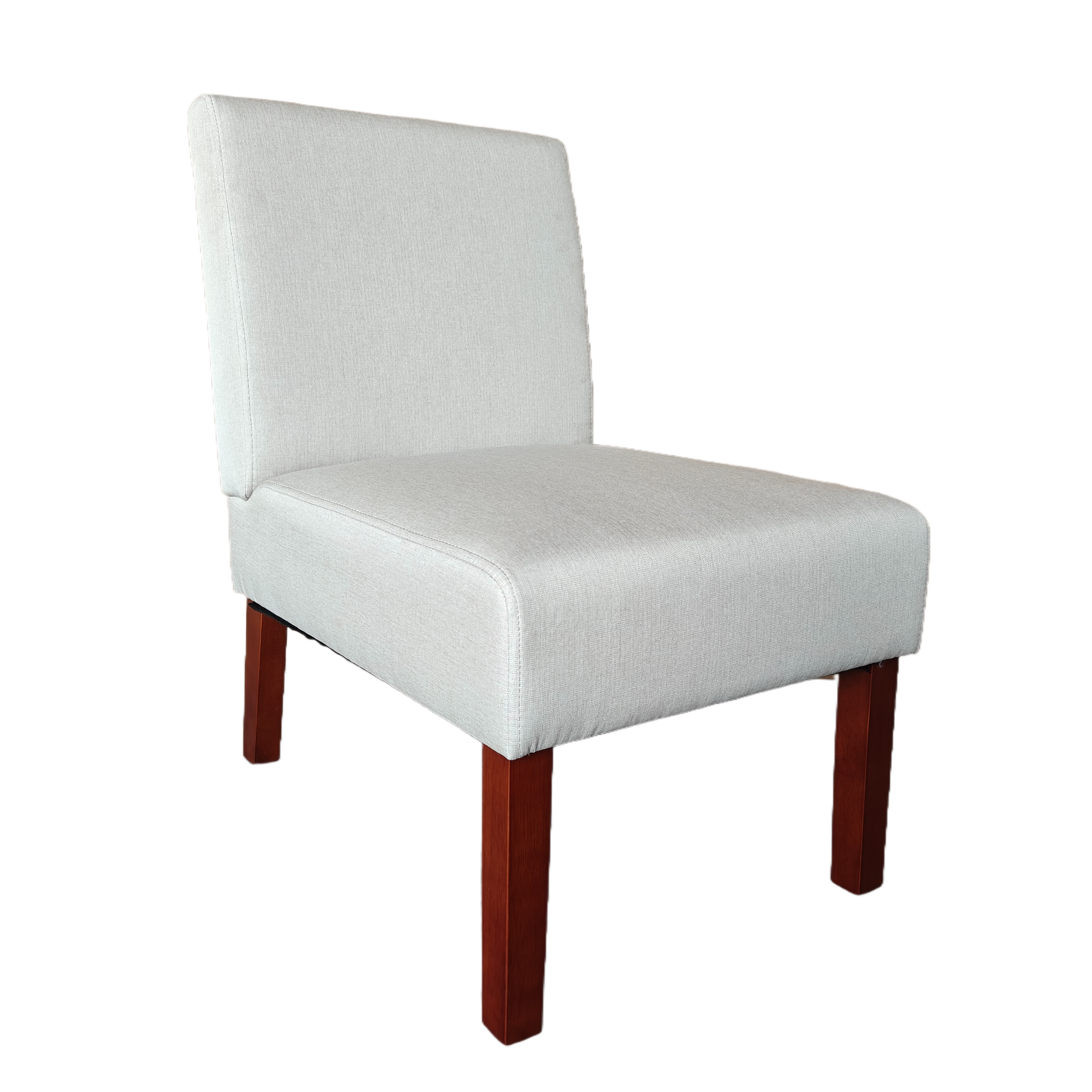 Light grey accent chair with tall backrest, cushioned seat, and dark wood legs