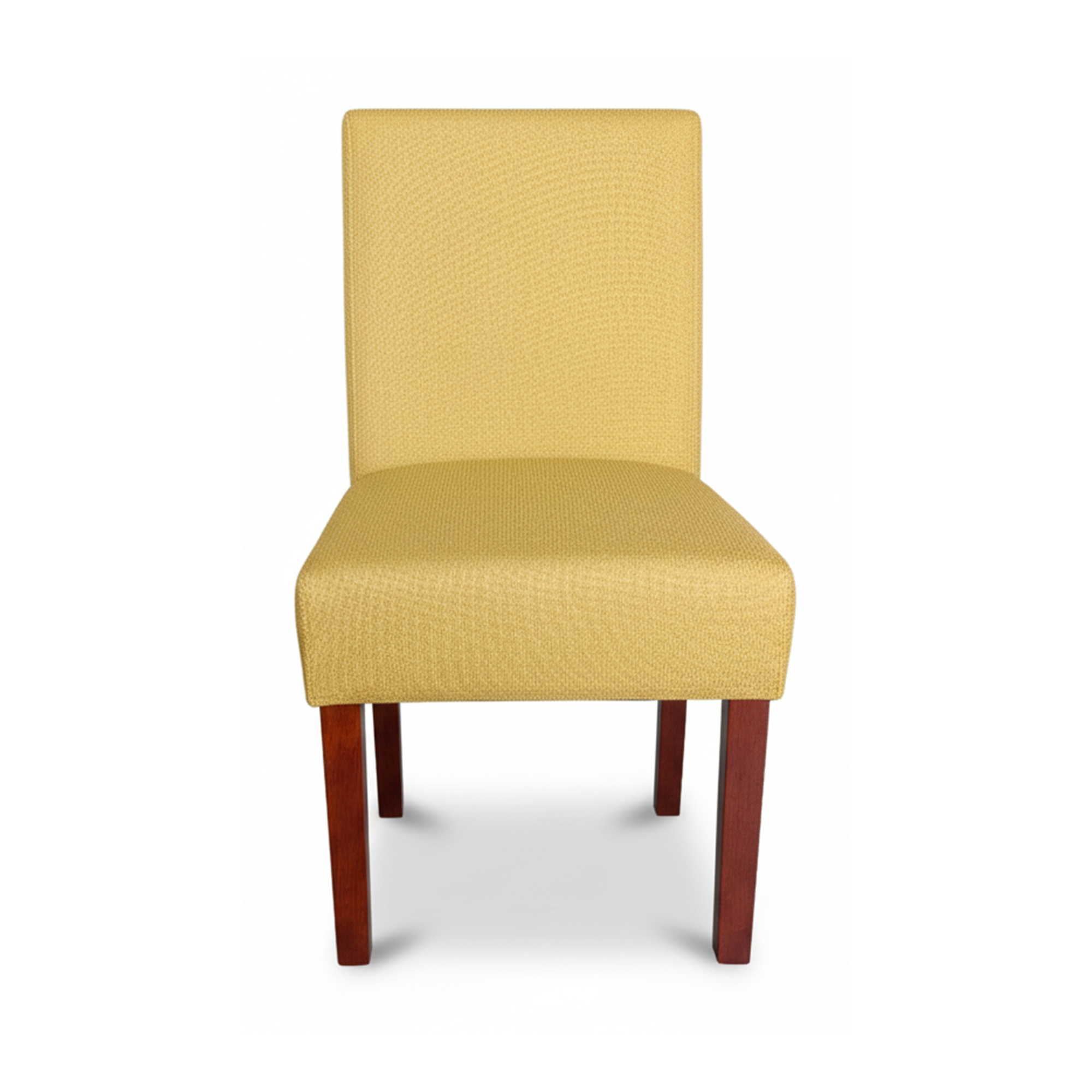 Yellow accent chair with tall upholstered back and thick seat, dark wood legs