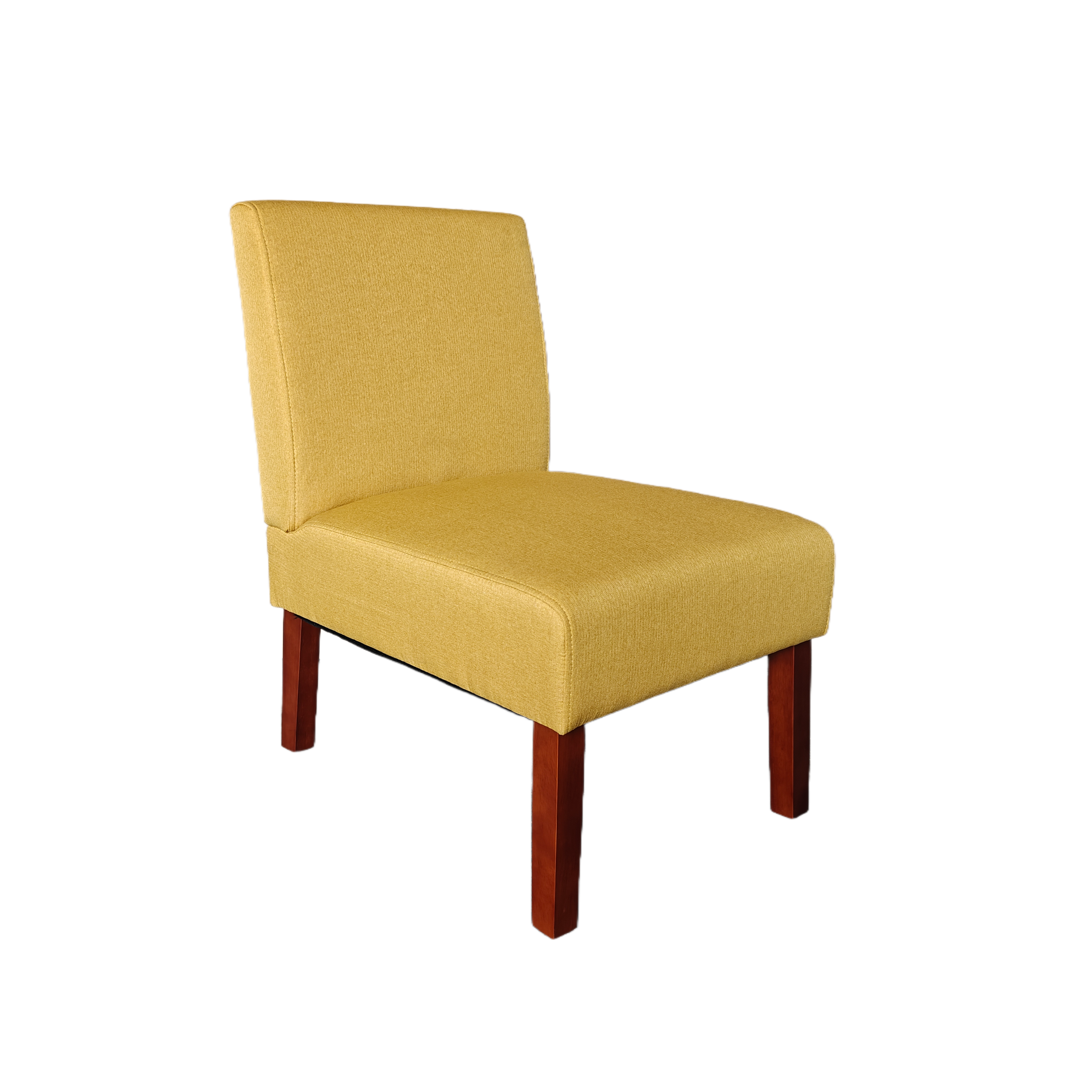 Yellow accent chair shown from the side, tall back and padded seat with wood legs