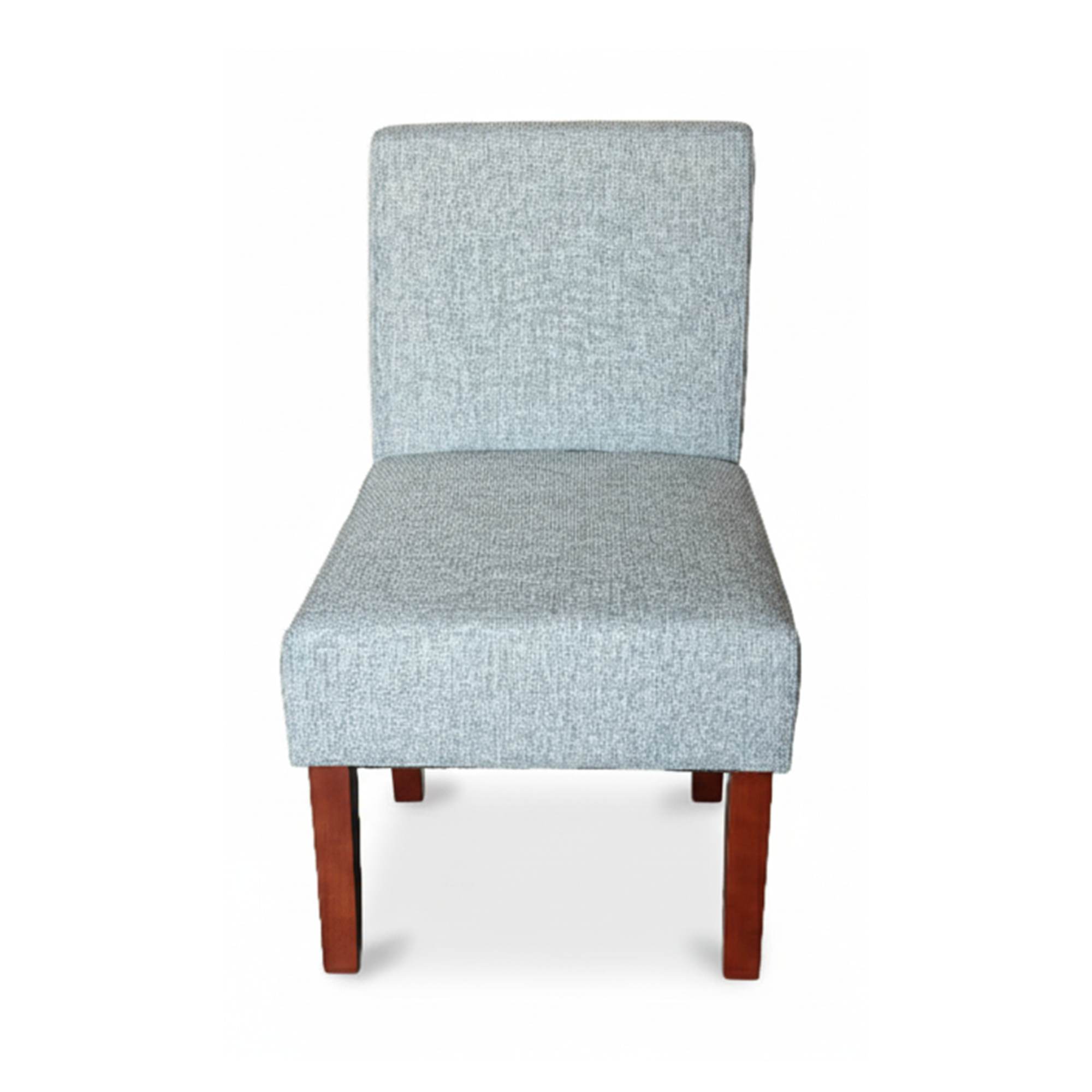 Light blue accent chair with tall upholstered back, padded seat, and dark wood legs