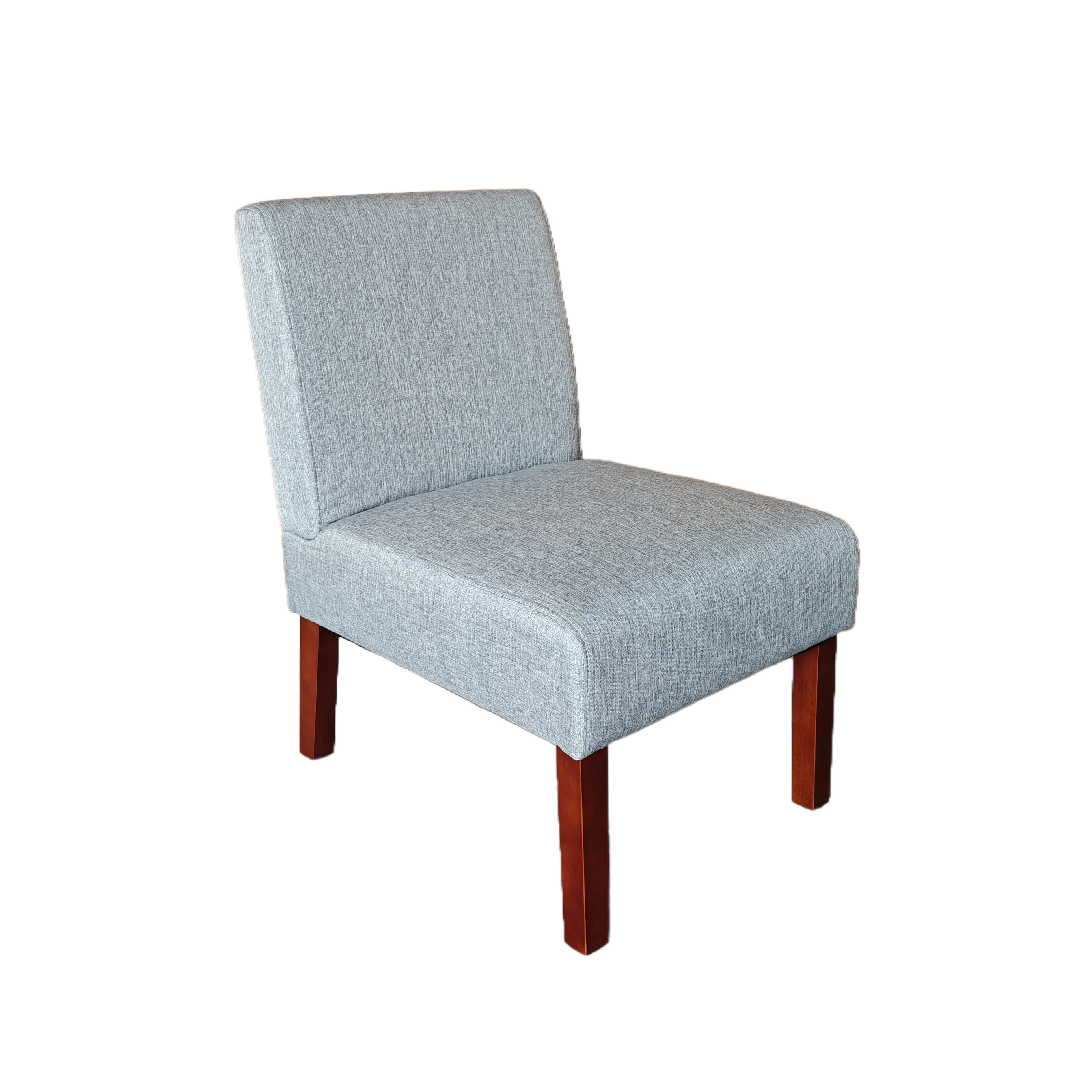 Light grey accent chair angled view, tall backrest, cushioned seat, dark wood legs