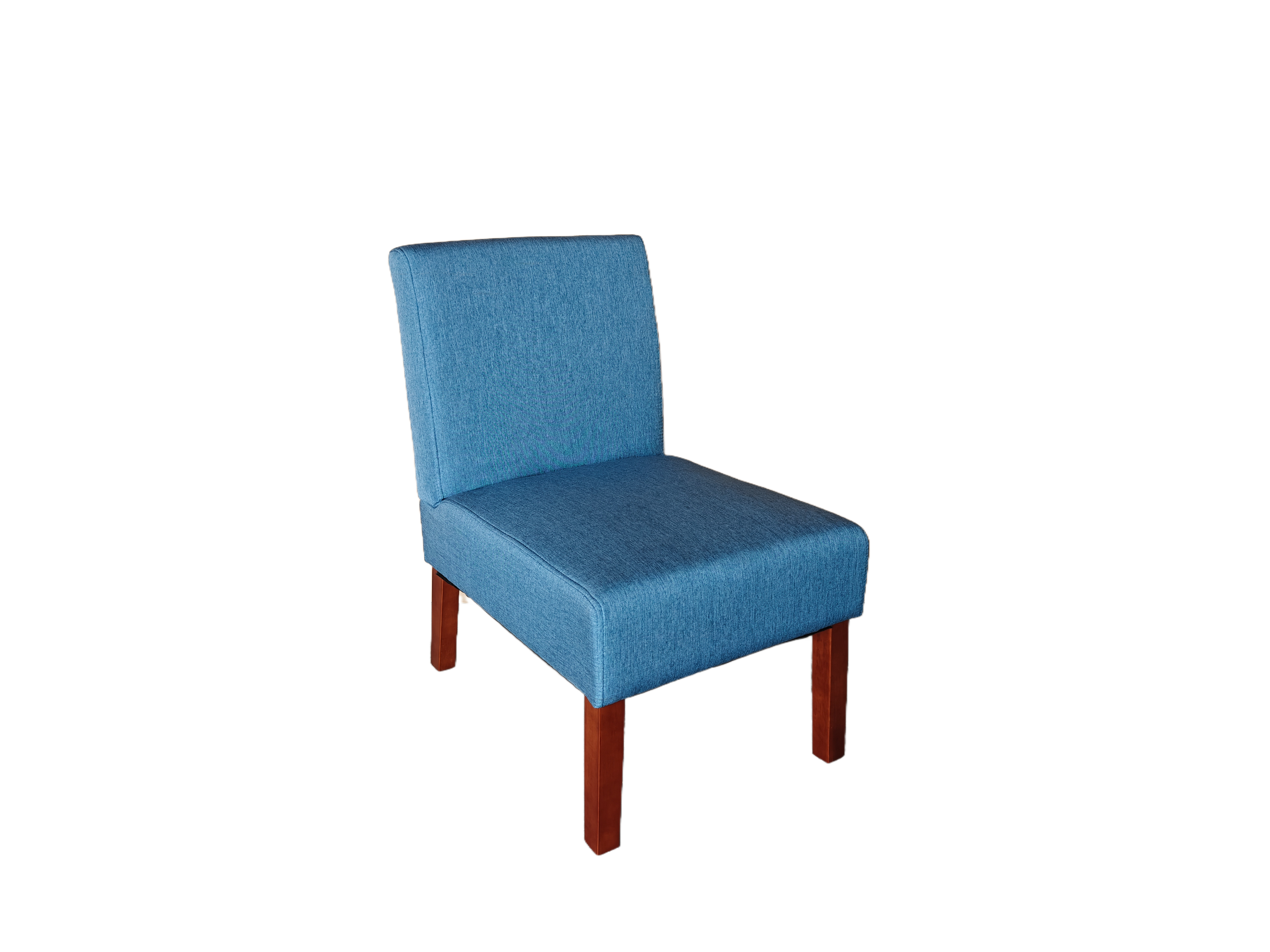 Blue accent chair in side view, tall backrest and padded seat on dark wood legs