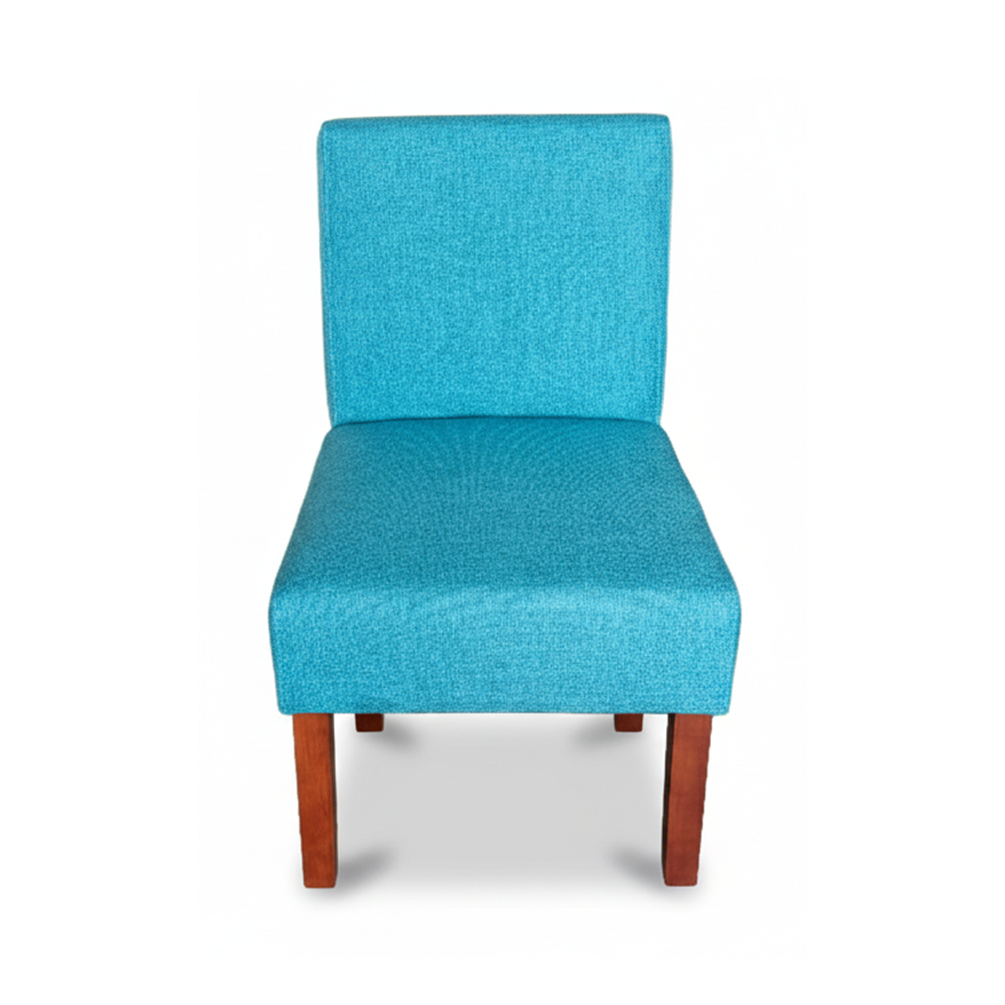 Aqua accent chair with tall upholstered back, padded seat, and dark wood legs
