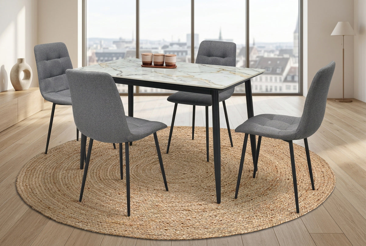ELARA 4-seat dining set by HOME SUITE, showing gray upholstered chairs and black table legs.