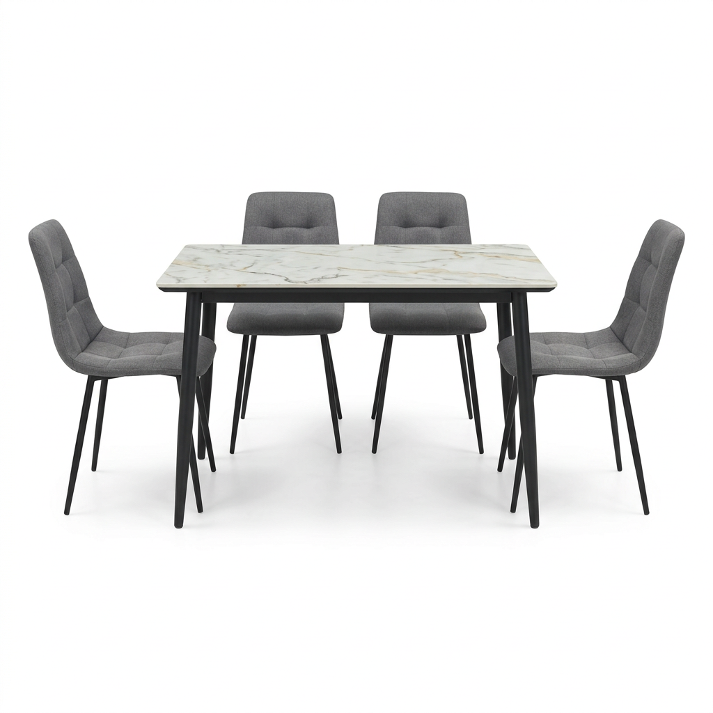 ELARA 4-seat dining set by HOME SUITE, with a marble-look table and four gray chairs.