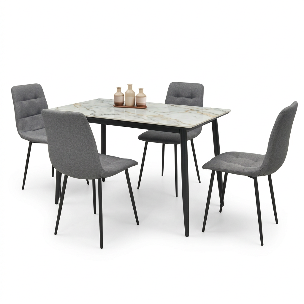 ELARA dining set by HOME SUITE, angled view of the marble-look table and four gray chairs.