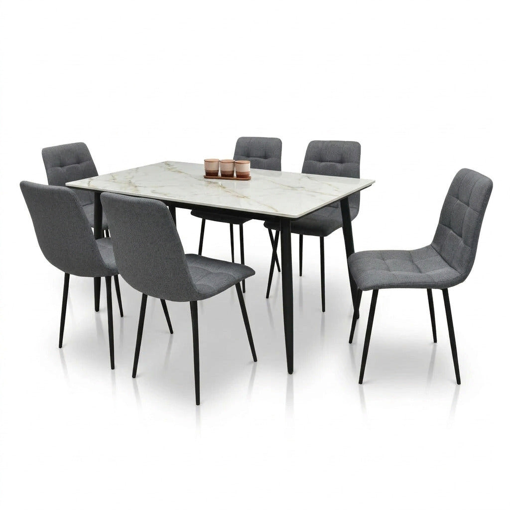 ELARA six-seat dining set with marble-look rectangular table and six gray upholstered chairs