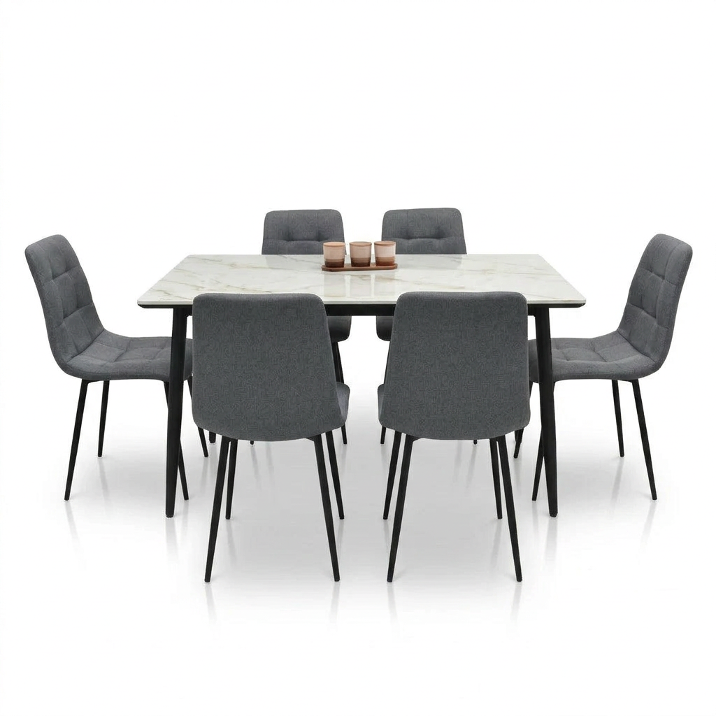 Six-seat dining set viewed head-on, with a light veined tabletop and gray chairs