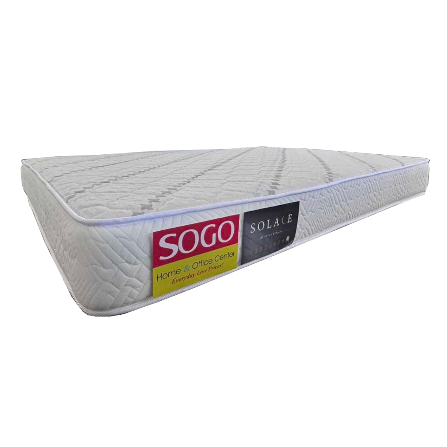 Quilted mattress with brand label on edge, light cream and thin blue trim