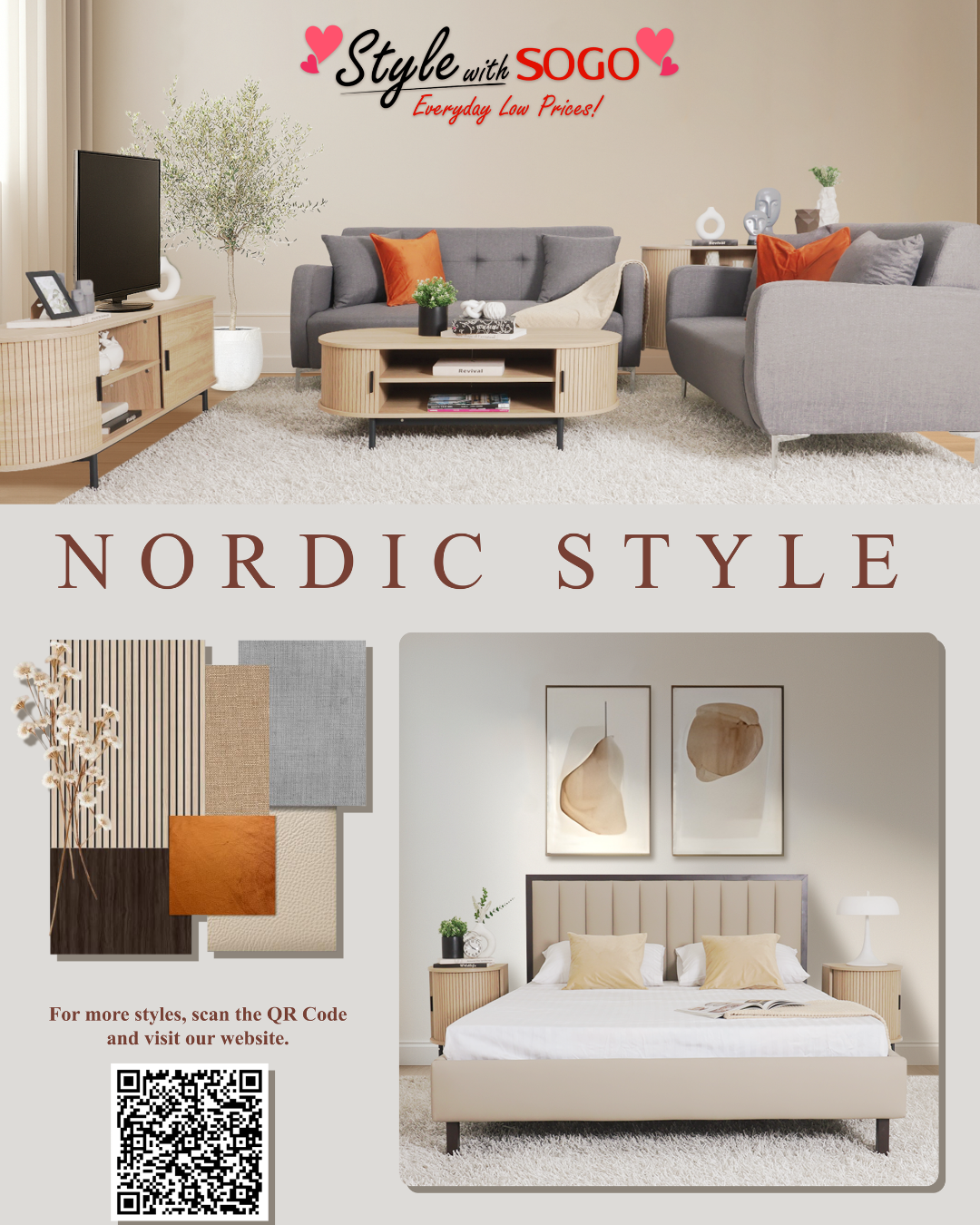 Advertisement for SOGO furniture with Nordic style living room and bedroom scenes.