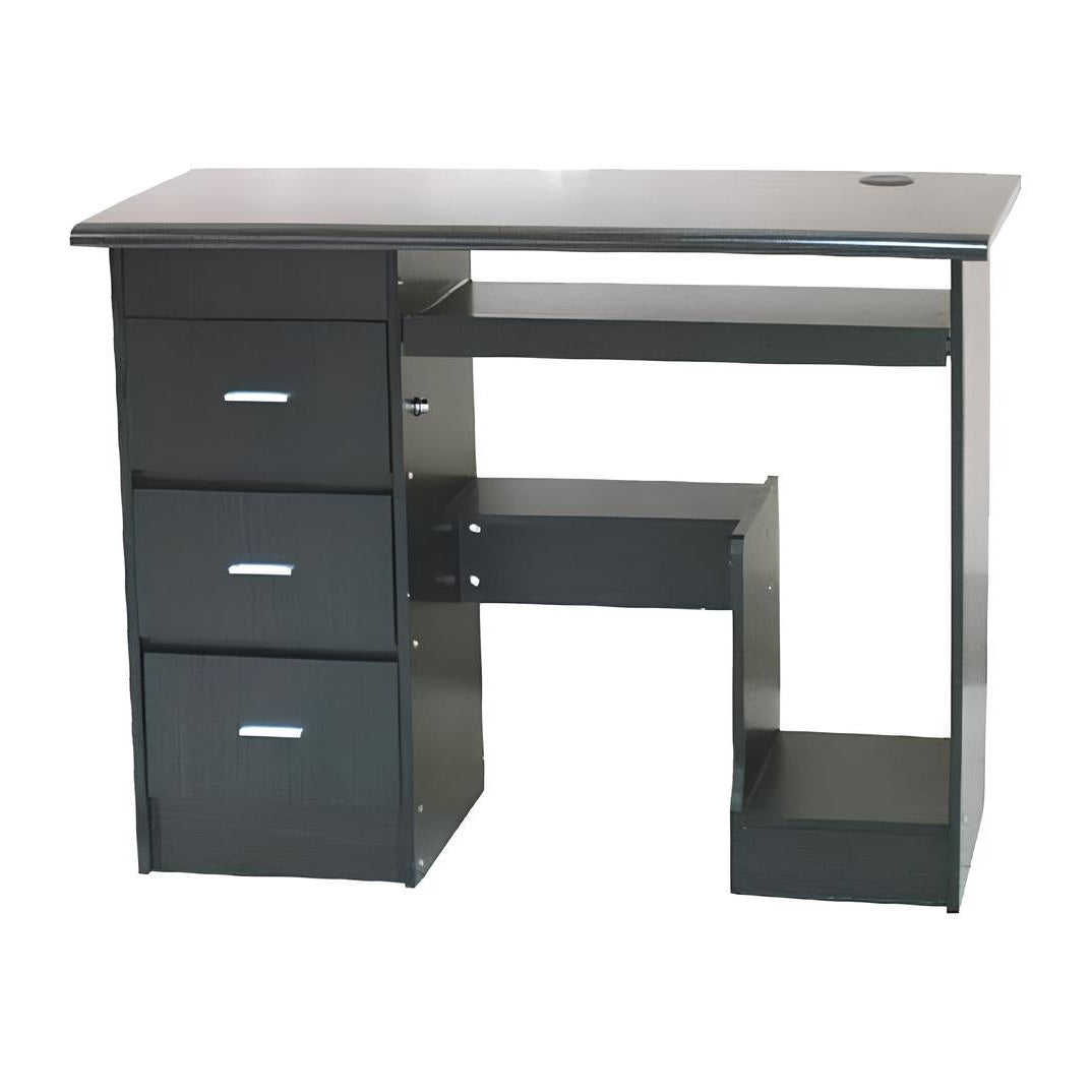 Dark wenge clerical table with three drawers and open center cabinet