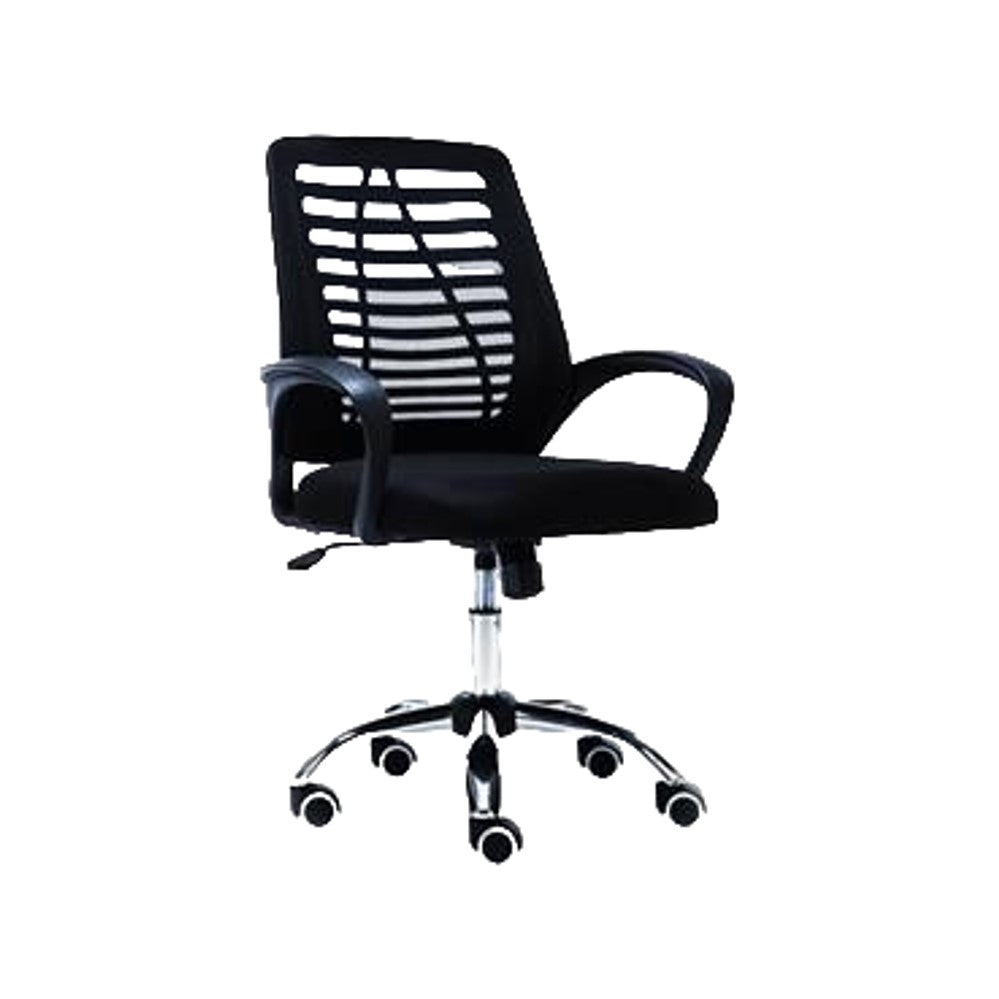 Black mesh office chair with padded seat, armrests, and caster wheel base