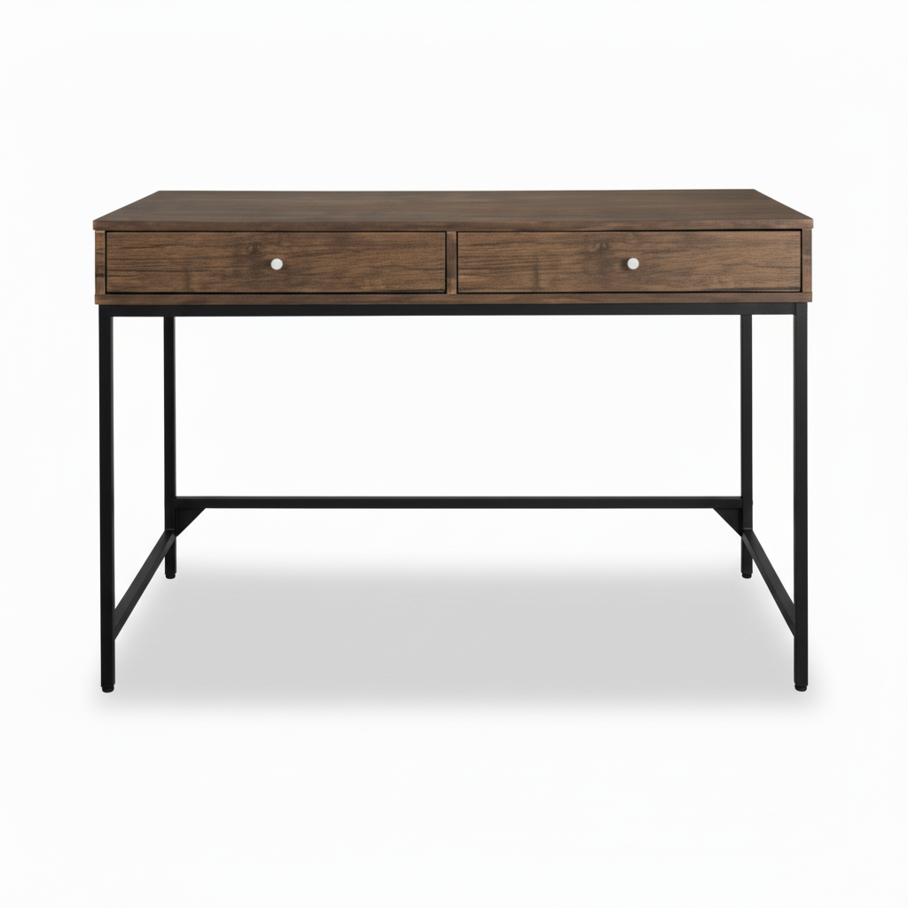HARRIS study table front view, dark wood top with two center drawers and black legs