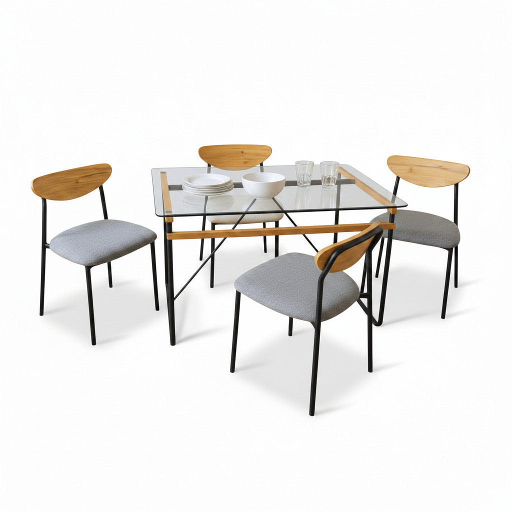 4-seater dining set: glass table, 4 grey upholstered chairs, wood backs, black legs