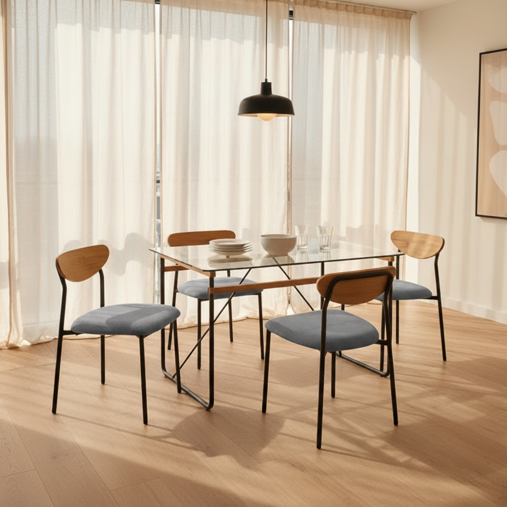4-seater dining set with glass-top table and four grey upholstered chairs, wood backs