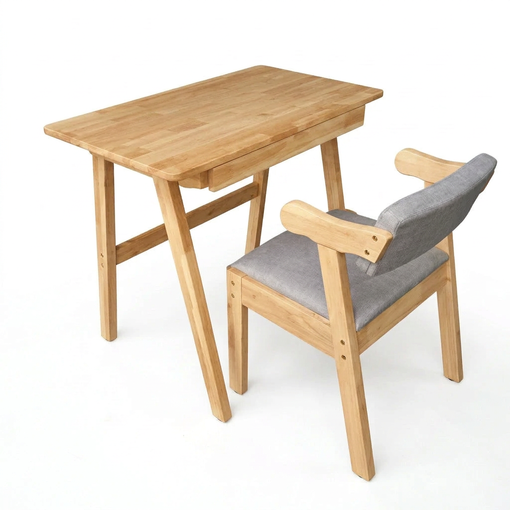 Natural wood study desk with side chair; gray cushion and light wood armrests
