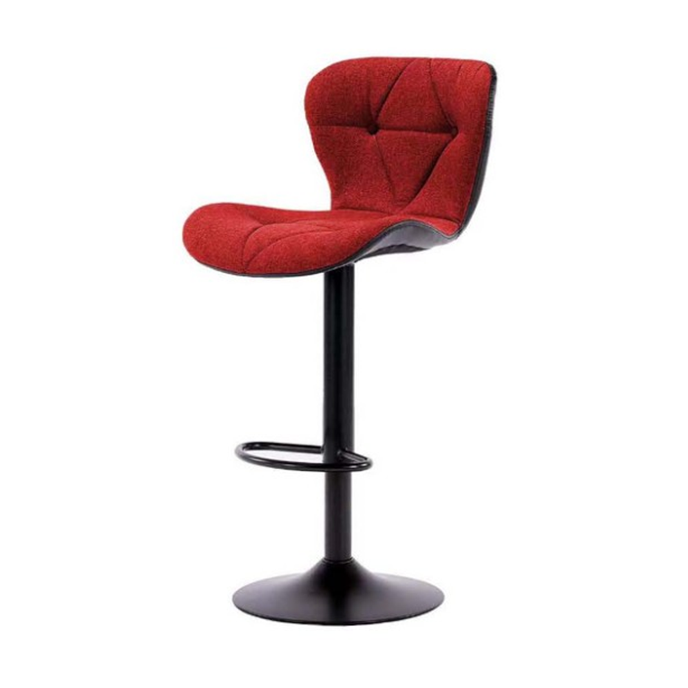 Red upholstered bar stool with curved back and round black base