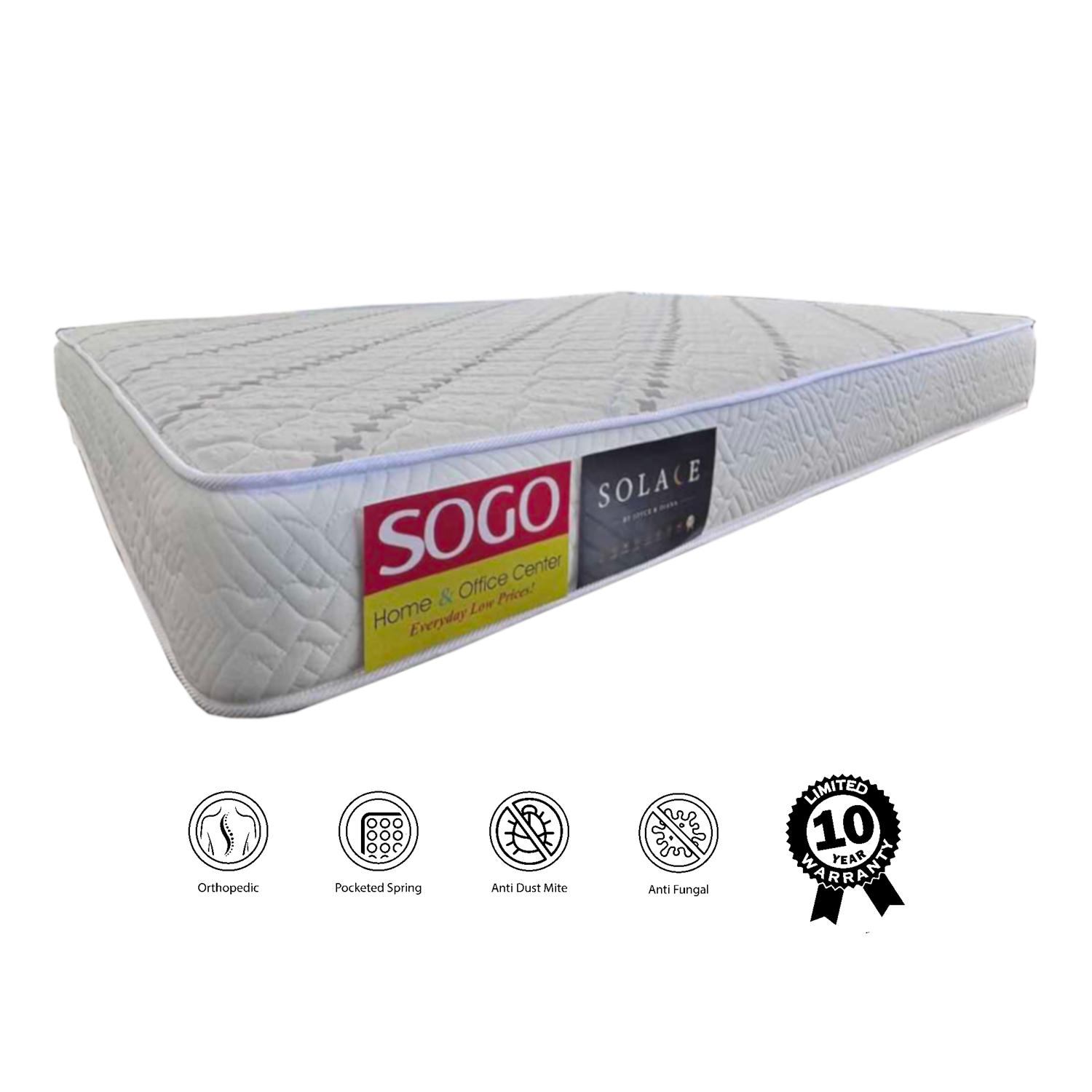 Quilted mattress with edge label and comfort icons, light cream with blue piping