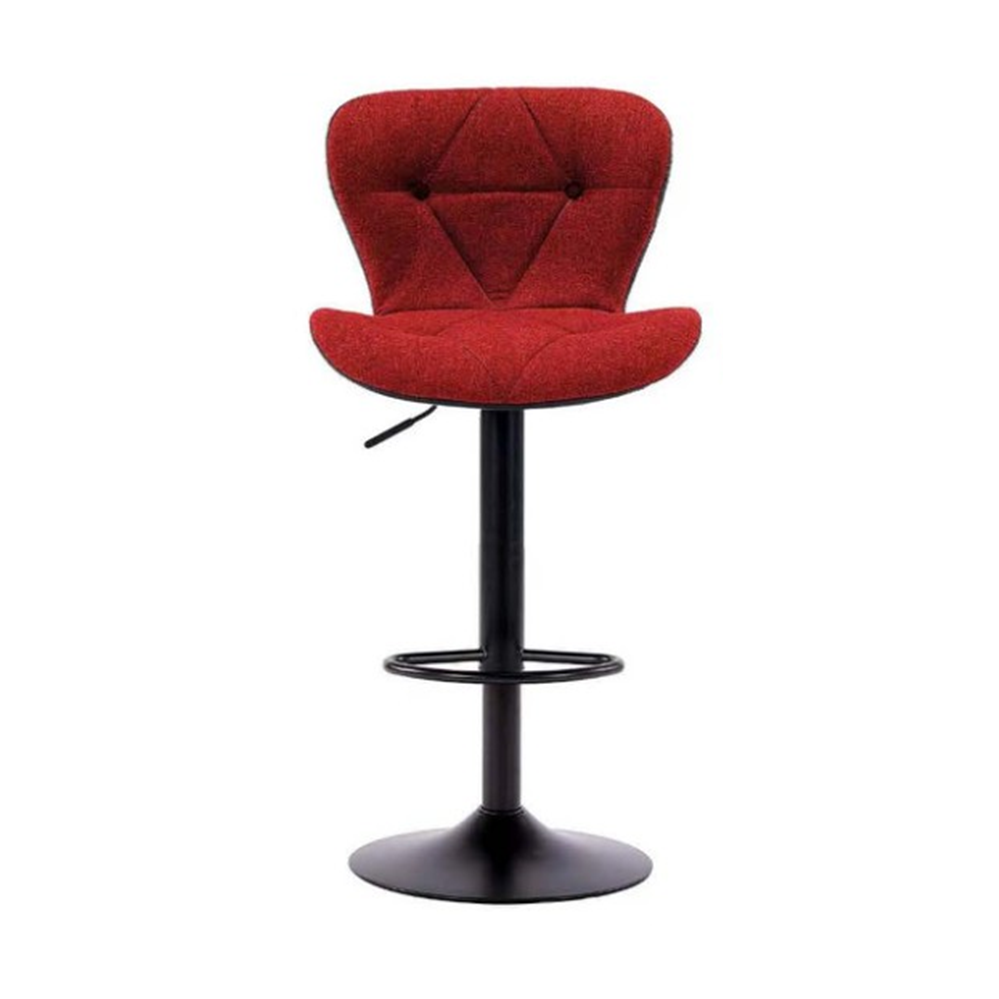Red upholstered bar stool with tufted back, footrest ring, and black pedestal base
