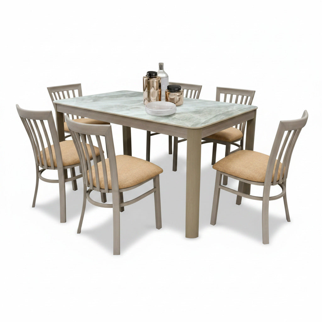 Dining table set for 6: square marble-look tabletop with gray base and beige upholstered chairs