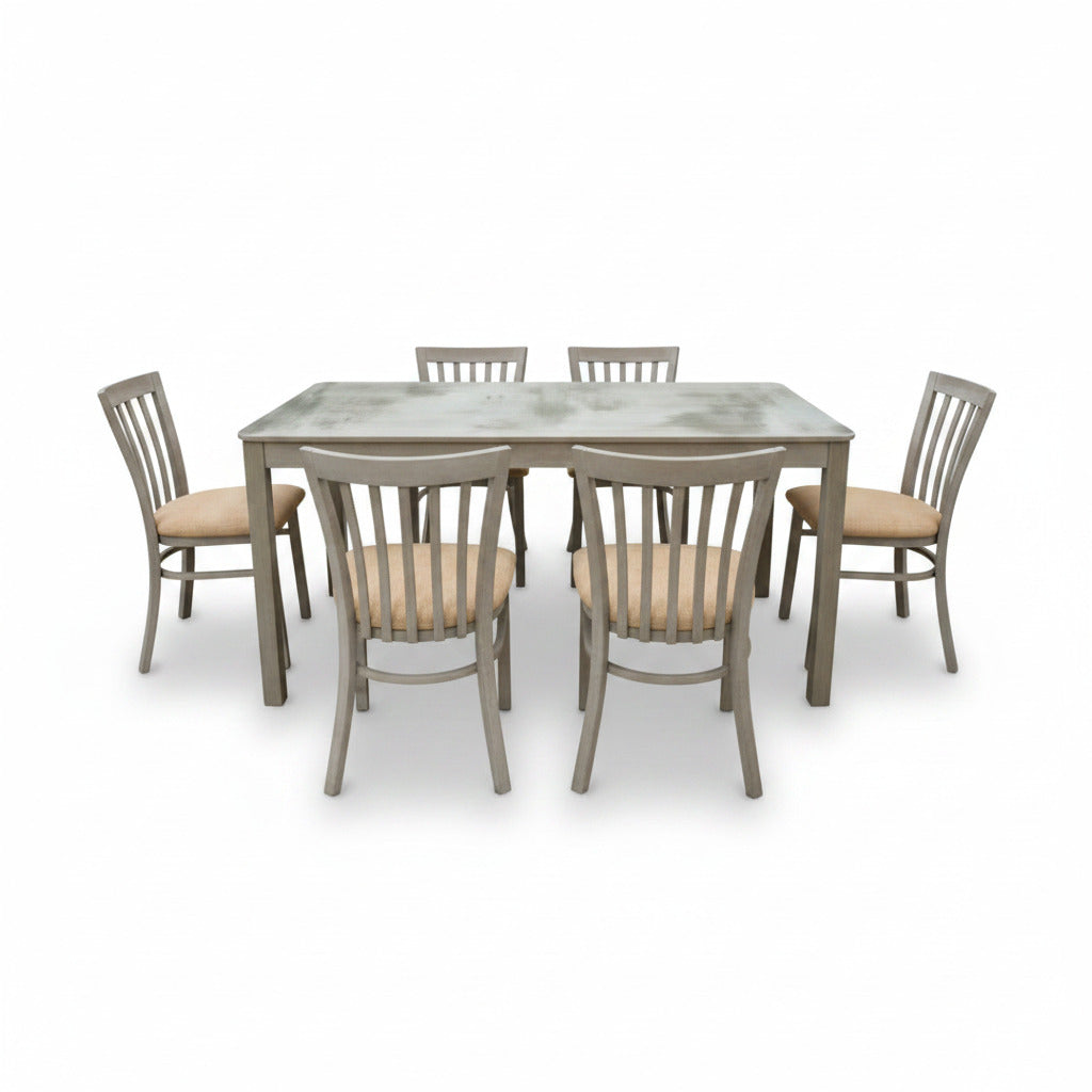 Dining table set for 6: gray rectangular table with marble-look top and beige chairs