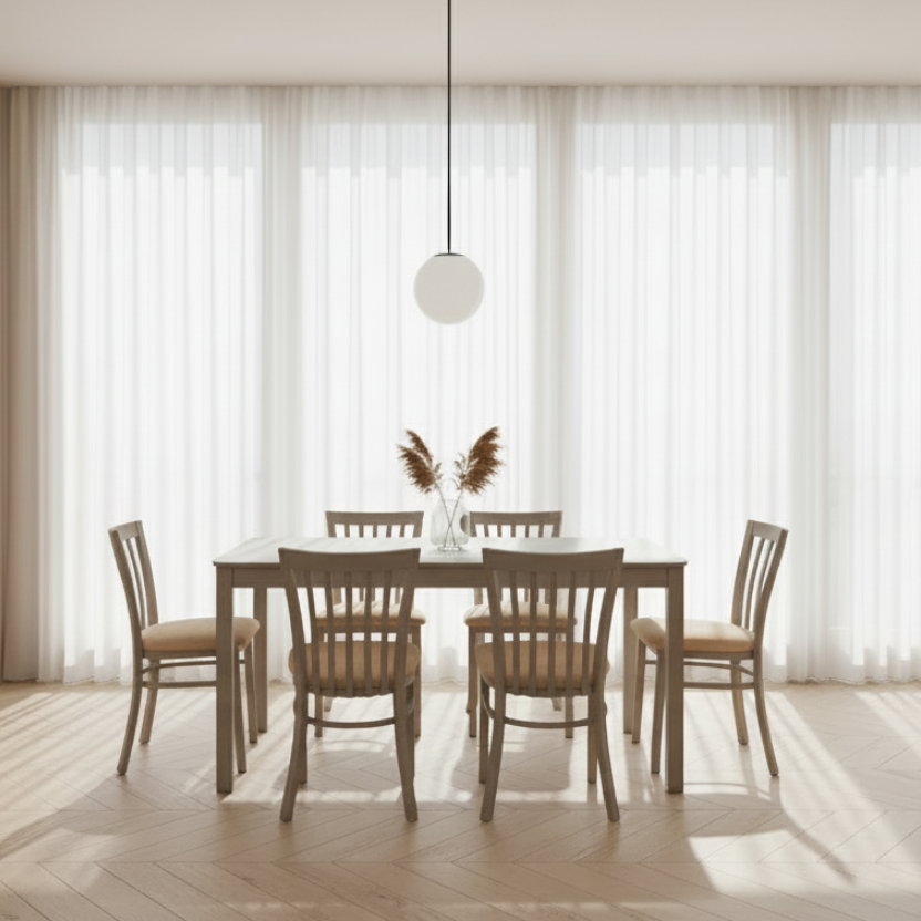 Dining table set for 6 with gray frame, marble-look tabletop and beige seat-back chairs
