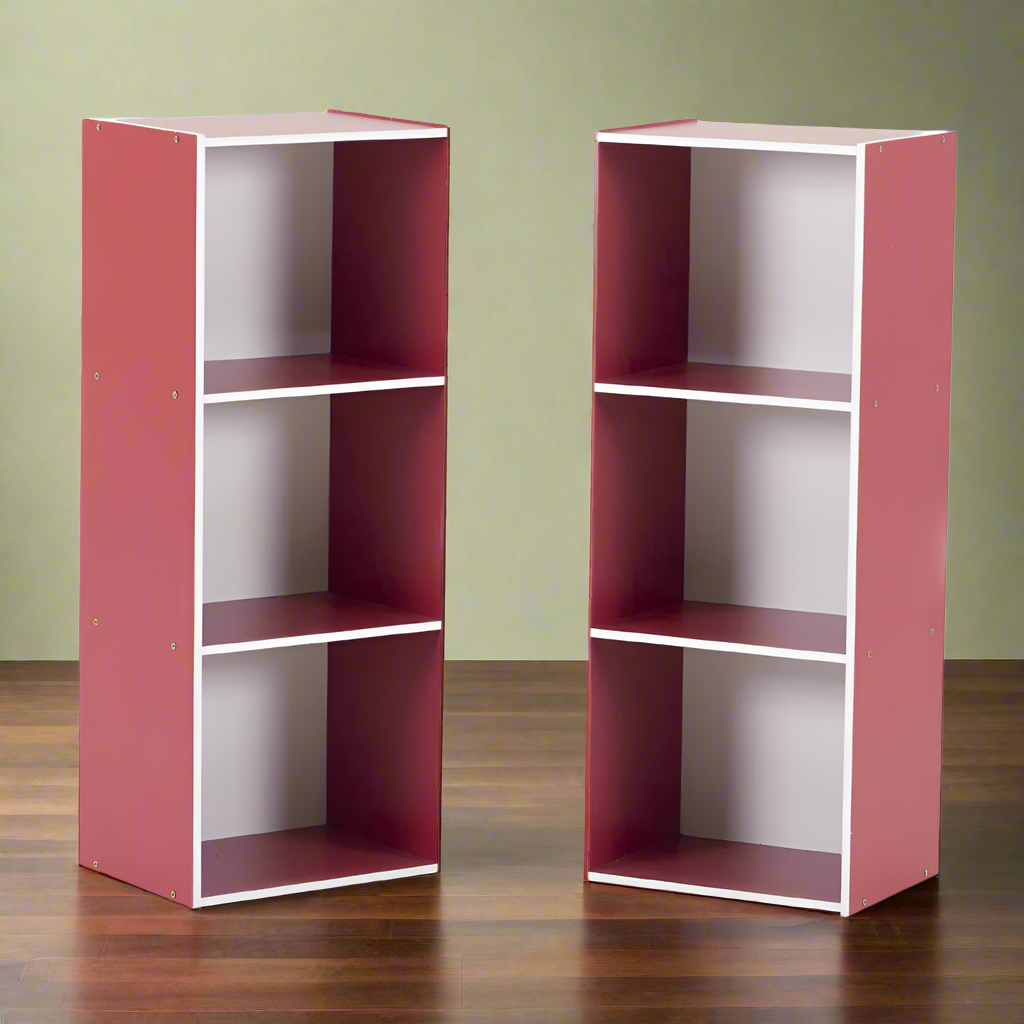 Open bookshelf cabinet in red with white interior and three open shelves, side view.