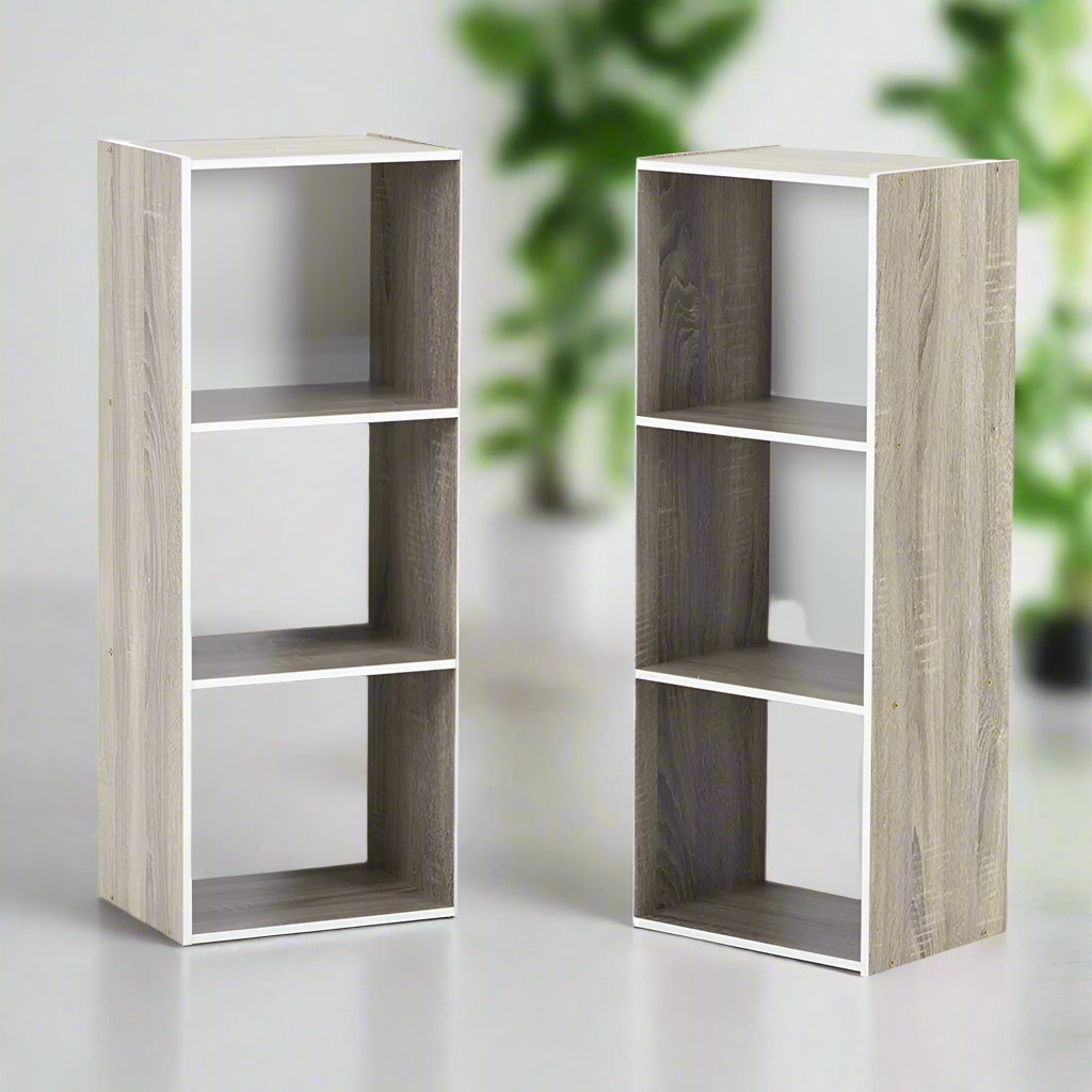 Open bookshelf with three open shelves, light grey wood effect