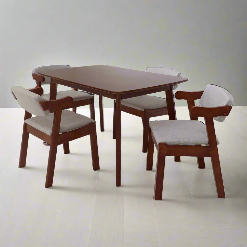 Walnut 4-seat dining table with four beige upholstered chairs, side view