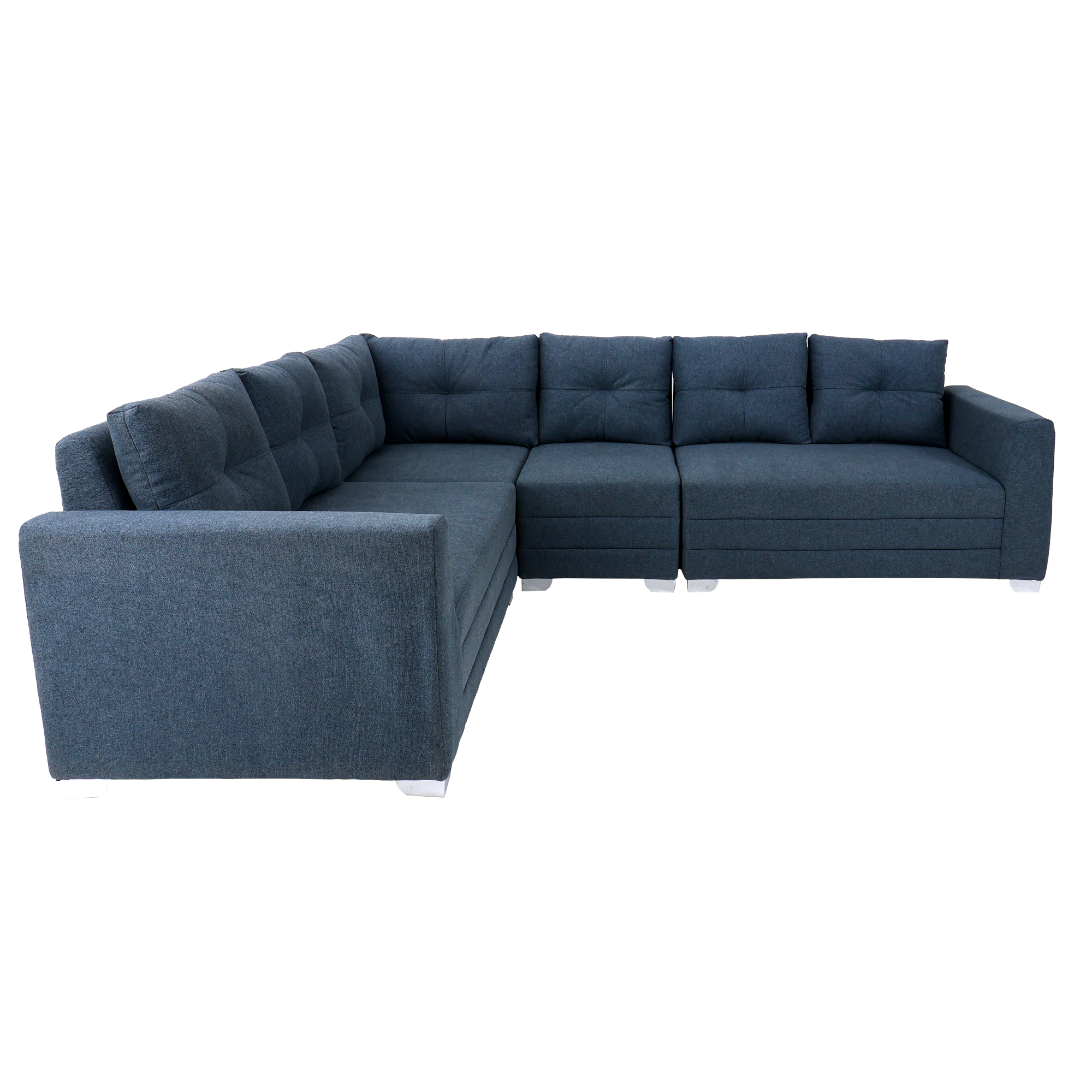 Blue corner sectional sofa with tufted back, wide seats, and white block feet