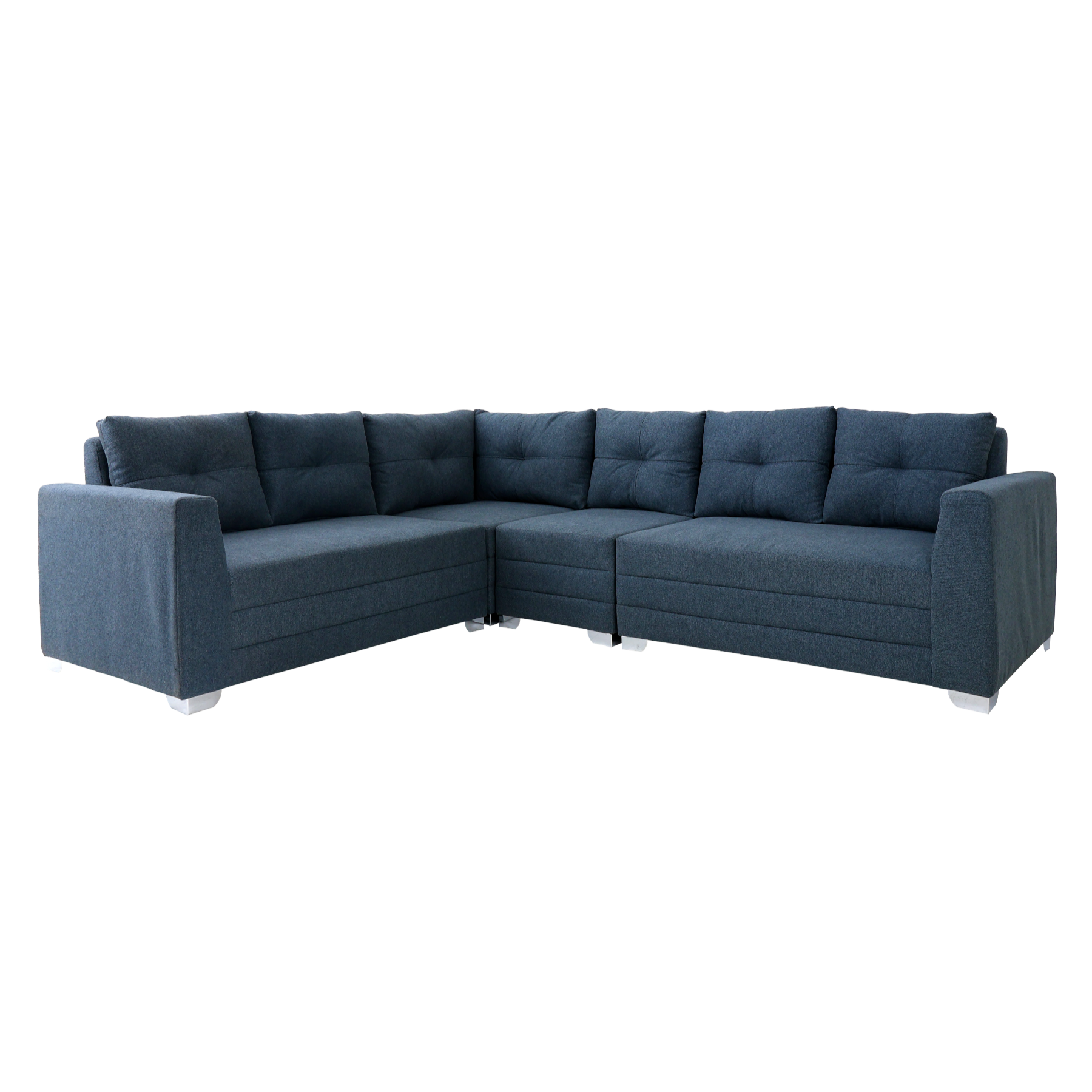 Blue corner sofa sectional with tufted cushions and white block feet, L-shaped
