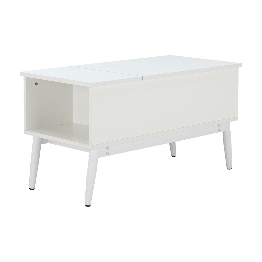 Lift-top center table with open side shelf, white finish, four legs