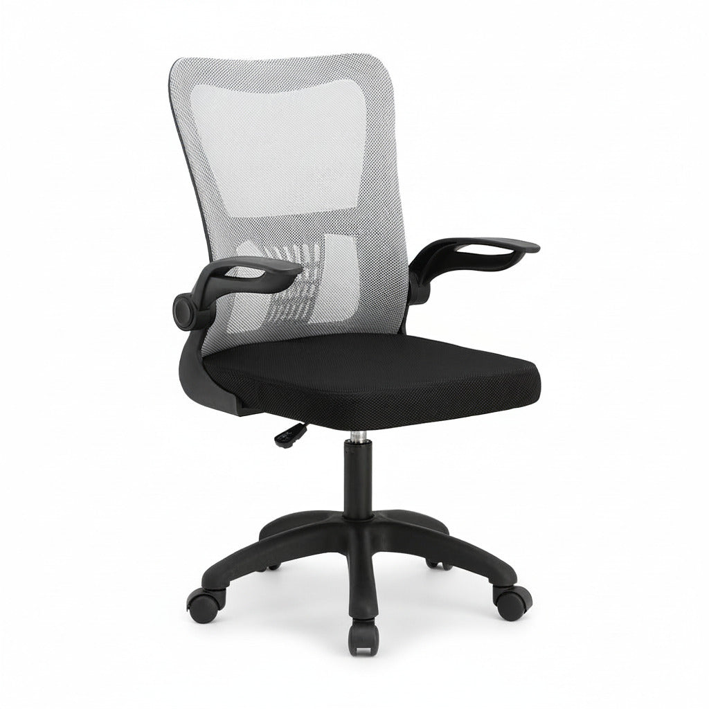 Office chair with gray mesh back and black cushioned seat, with armrests.