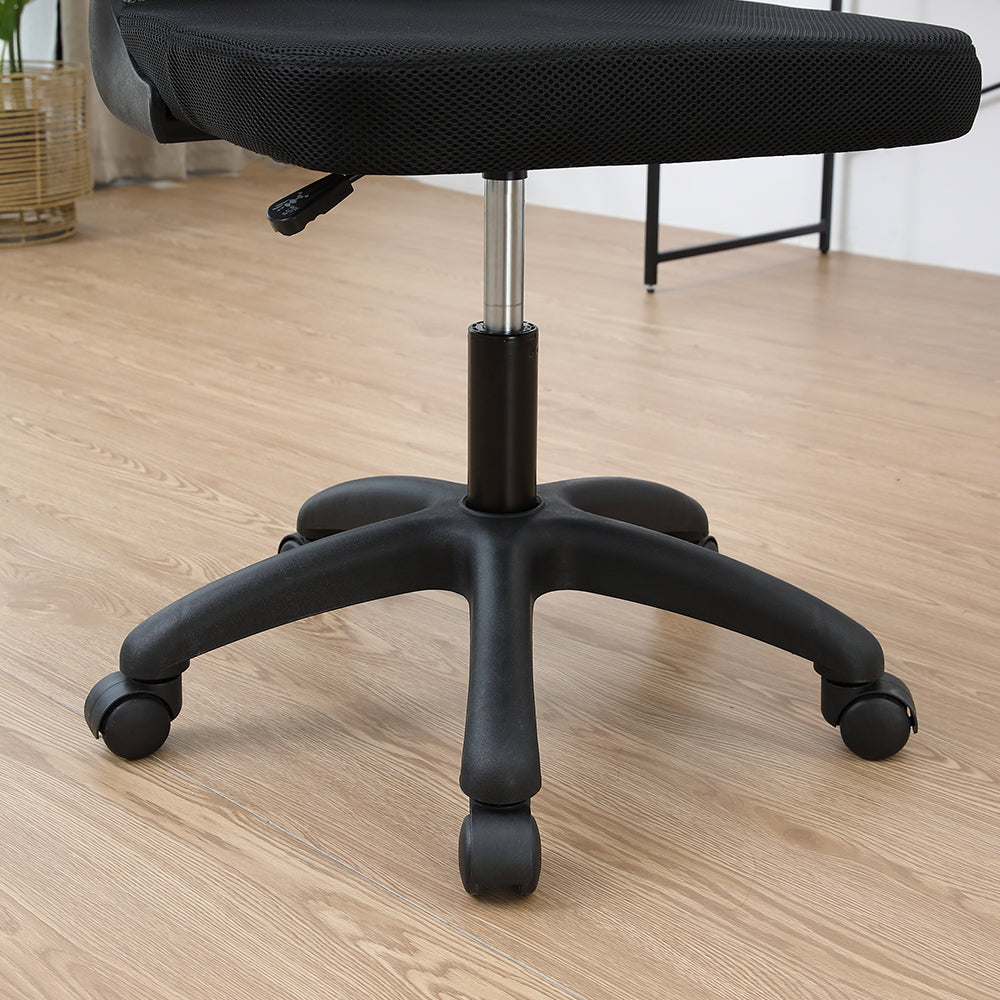 Office chair base with black five-spoke frame and rolling casters, height-adjust pole.