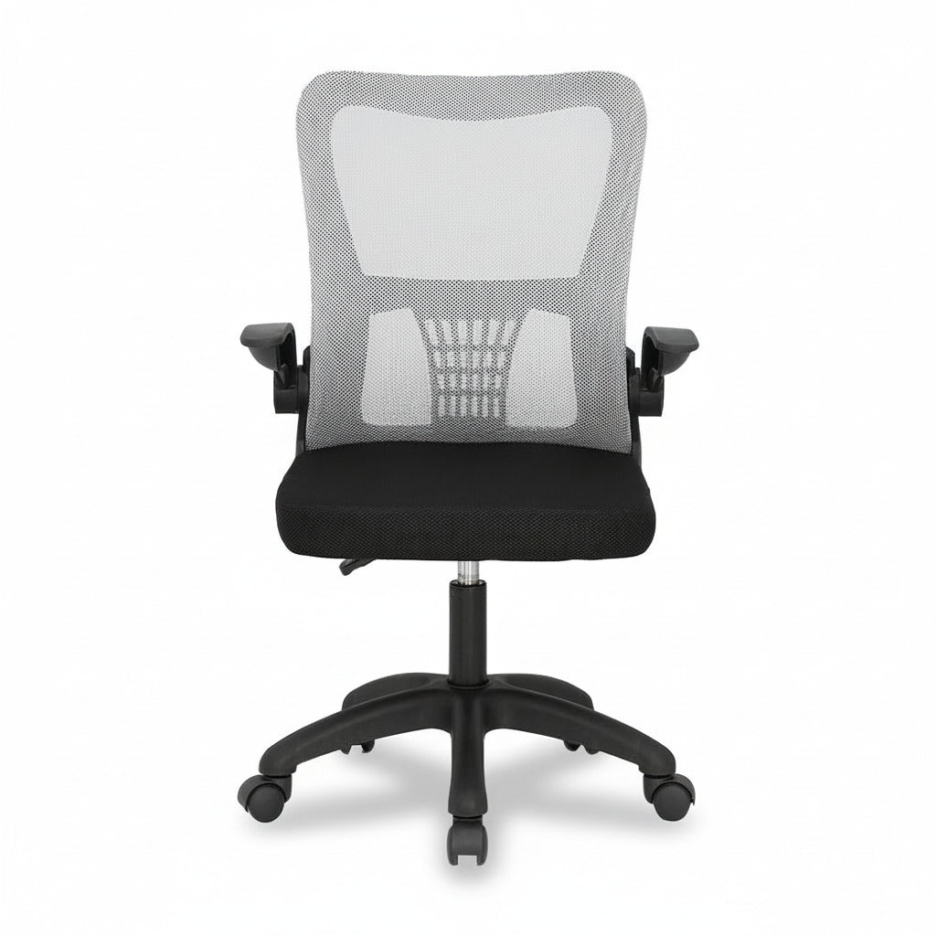 TYLER office chair with gray mesh back, black seat, armrests, and rolling casters.