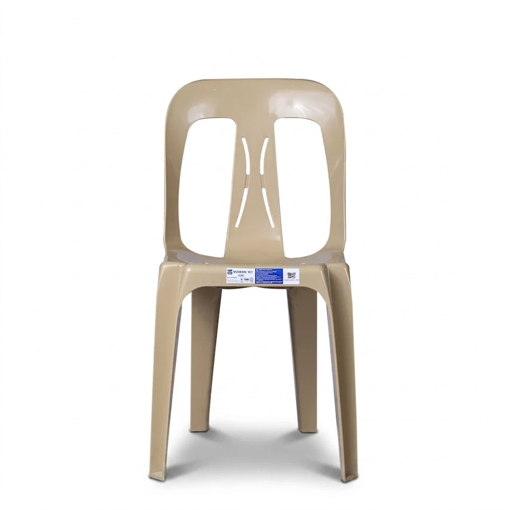 Beige plastic monoblock chair with open back and arm cutouts