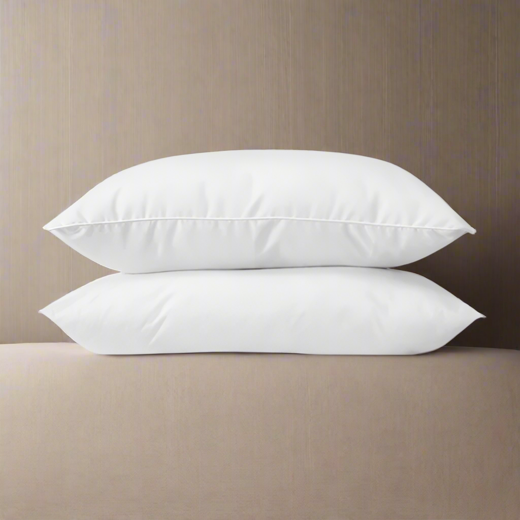 White fiber pillow pair with two stacked pillows and neat stitched seams