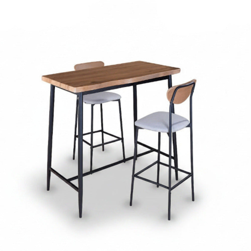 Bar set with rectangular wood tabletop and two upholstered gray stools, dark metal frame