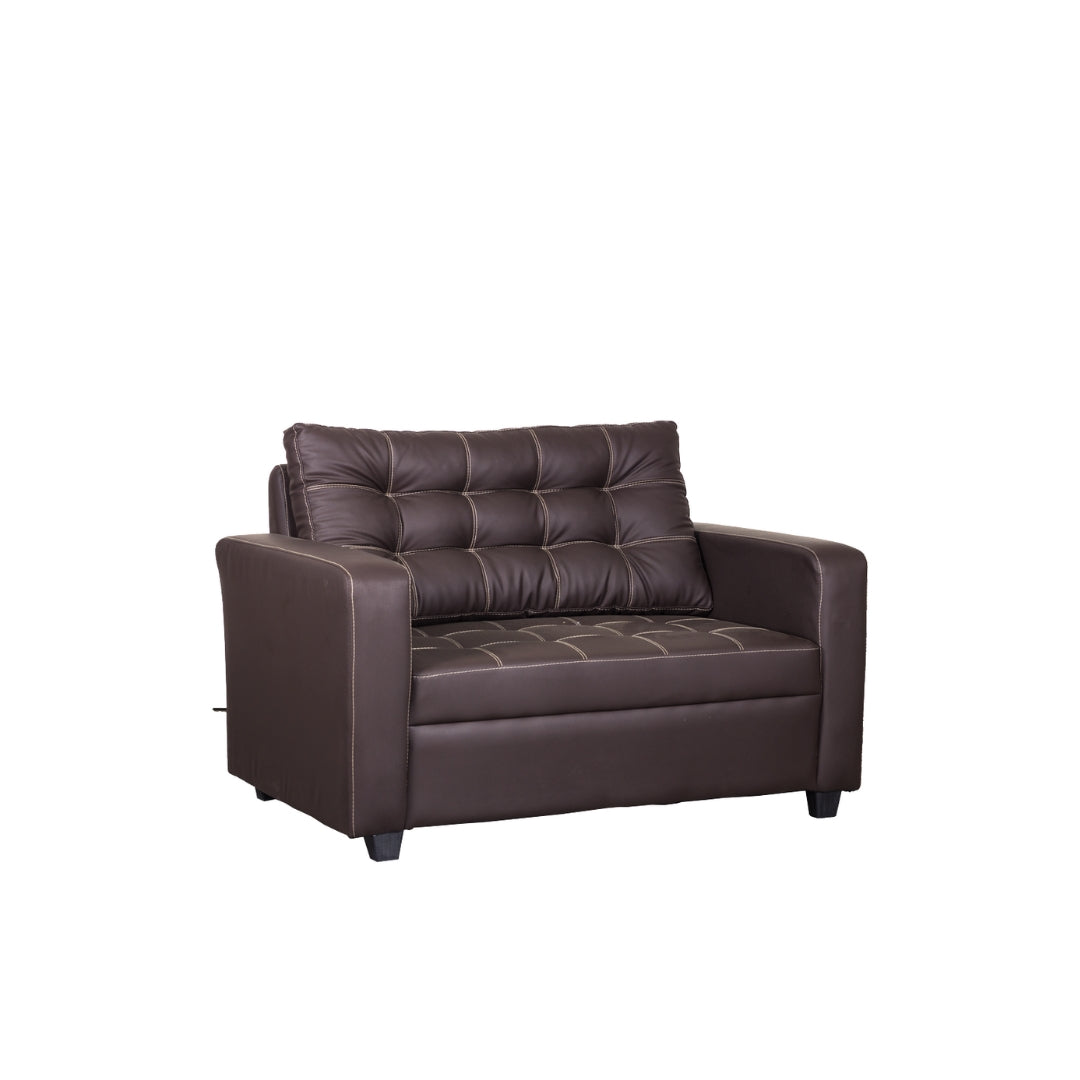WILLIAM 2-seater sofa, dark brown leather-look, angled front view with tufted back